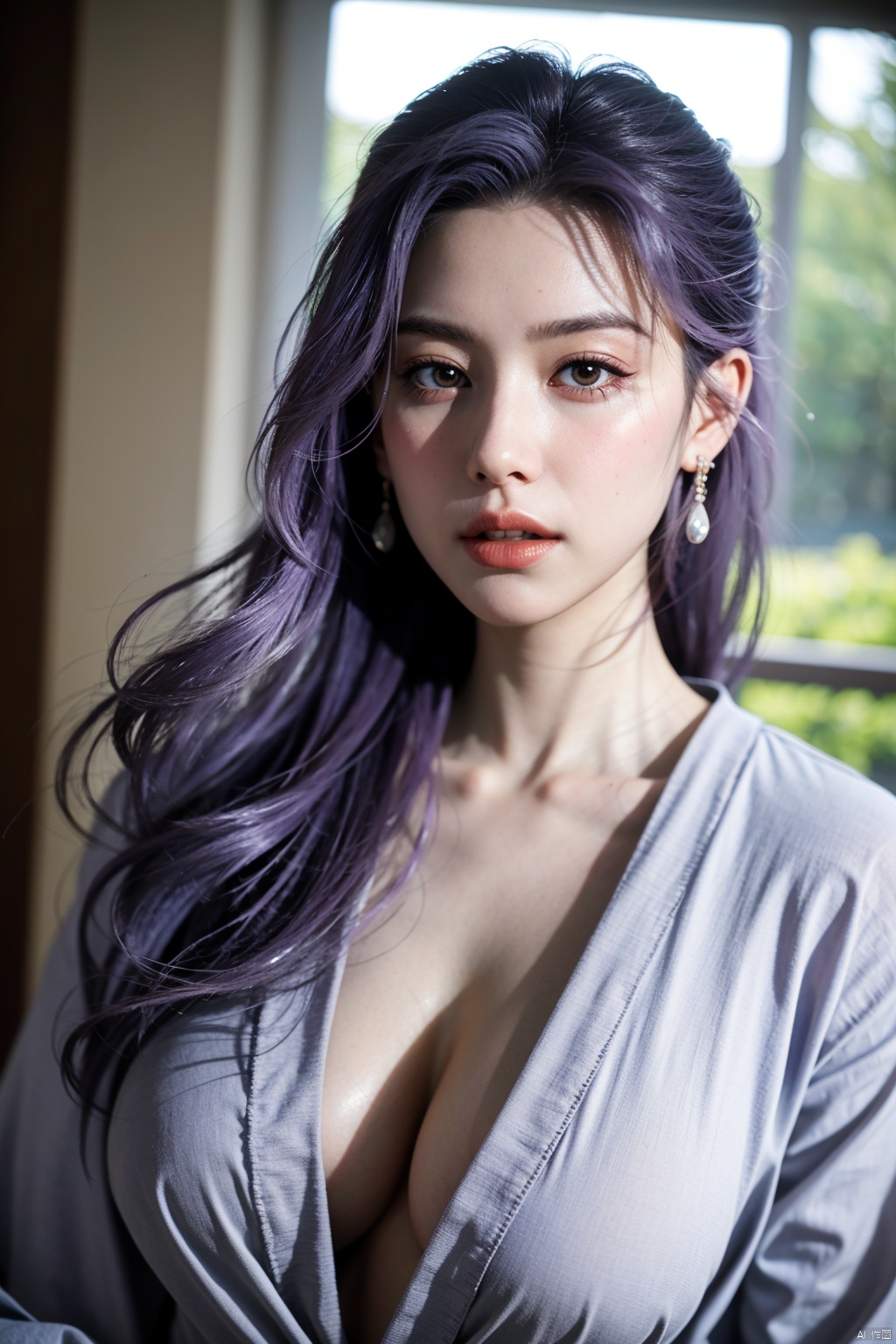  best quality,masterpiece,X-Yunxiao,1girl,solo,long hair,looking at viewer,jewelry,closed mouth,purple eyes,upper body,purple hair,earrings,blurry,blurry background,sunlight,red lips,(big breasts:1.3),X-Yunxiao,X-Hydrangea, traditional chinese ink painting,ll-hd