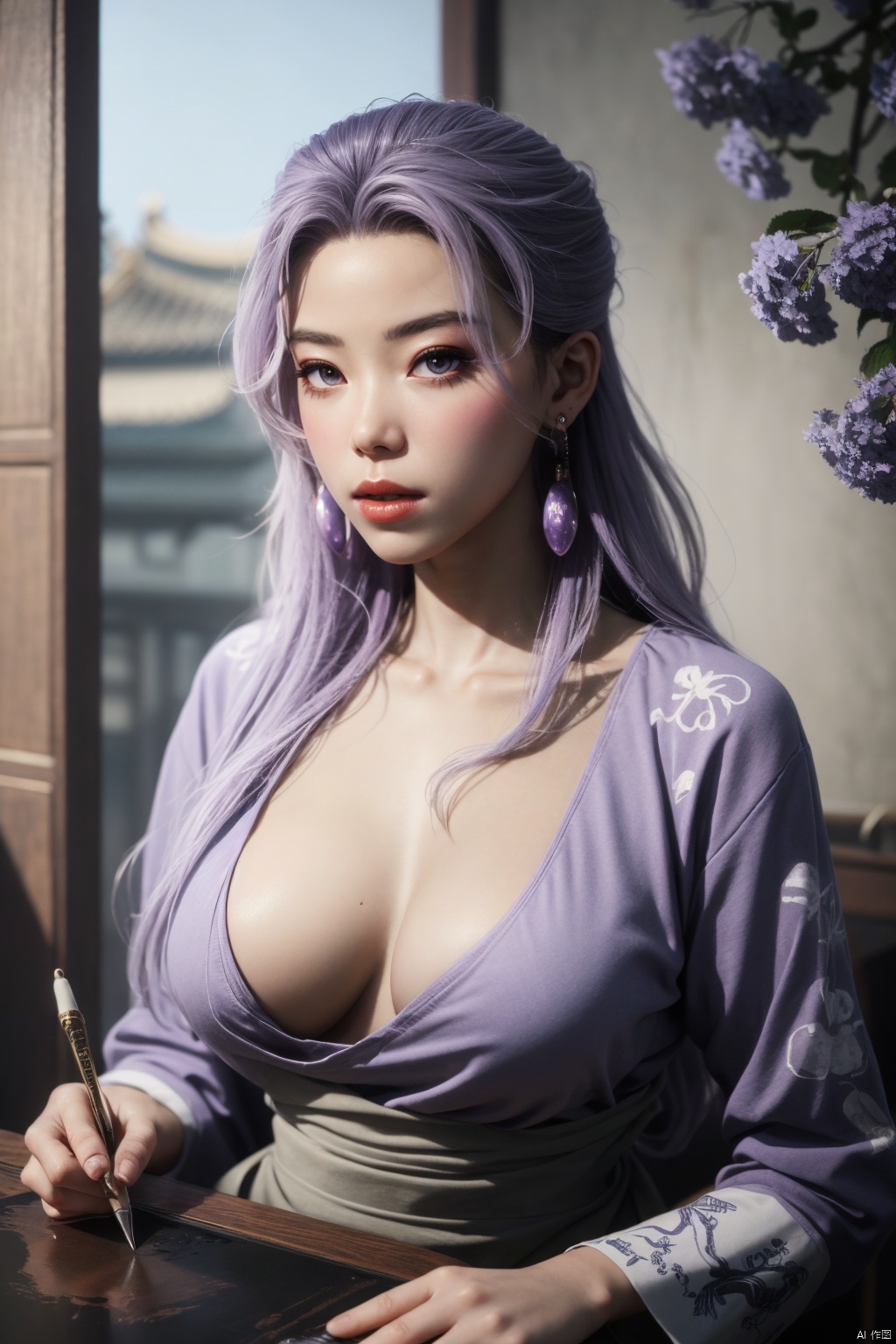  best quality,masterpiece,X-Yunxiao,1girl,solo,long hair,looking at viewer,jewelry,closed mouth,purple eyes,upper body,purple hair,earrings,blurry,blurry background,sunlight,red lips,(big breasts:1.39),X-Yunxiao,X-Hydrangea, traditional chinese ink painting,ll-hd