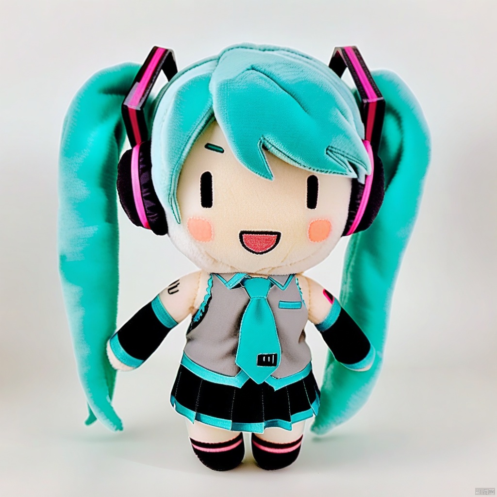 plush-doll-style, plush-doll, hatsune miku, 1girl, solo, grey shirt, necktie, twintails, long hair, skirt, aqua necktie, solid oval eyes, detached sleeves, smile, shirt, white background, sleeveless, sleeveless shirt, aqua hair, black skirt, chibi, black sleeves, open mouth, headphones, bare shoulders, hair ornament, tattoo, looking at viewer, very long hair, shoulder tattoo, simple background, character doll