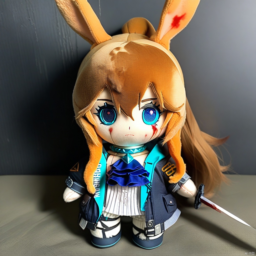 plush-doll-style,(masterpiece),(best quality),1girl, animal ears, amiya (arknights), solo, blue eyes, rabbit ears, long hair, holding, looking at viewer, blood, weapon, blue ascot, upper body, holding weapon, brown hair, ascot, hair between eyes, sword, holding sword, jacket, blood on face, closed mouth, open clothes, sidelocks, open jacket, jewelry, shirt, neck ring, white shirt, black jacket, ponytail, glowing,