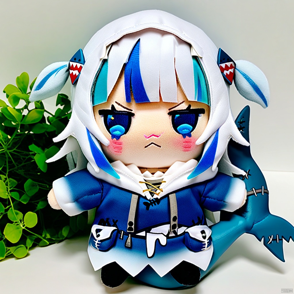plush-doll-style, plush-doll, 1girl, gawr gura, virtual youtuber, tail, fish tail, shark tail, solo, blue eyes, multicolored hair, grey hair, blue hair, streaked hair, bangs, hair ornament, shark hair ornament, two side up, white background, hood, blunt bangs, shark girl, hoodie, simple background, blue hoodie