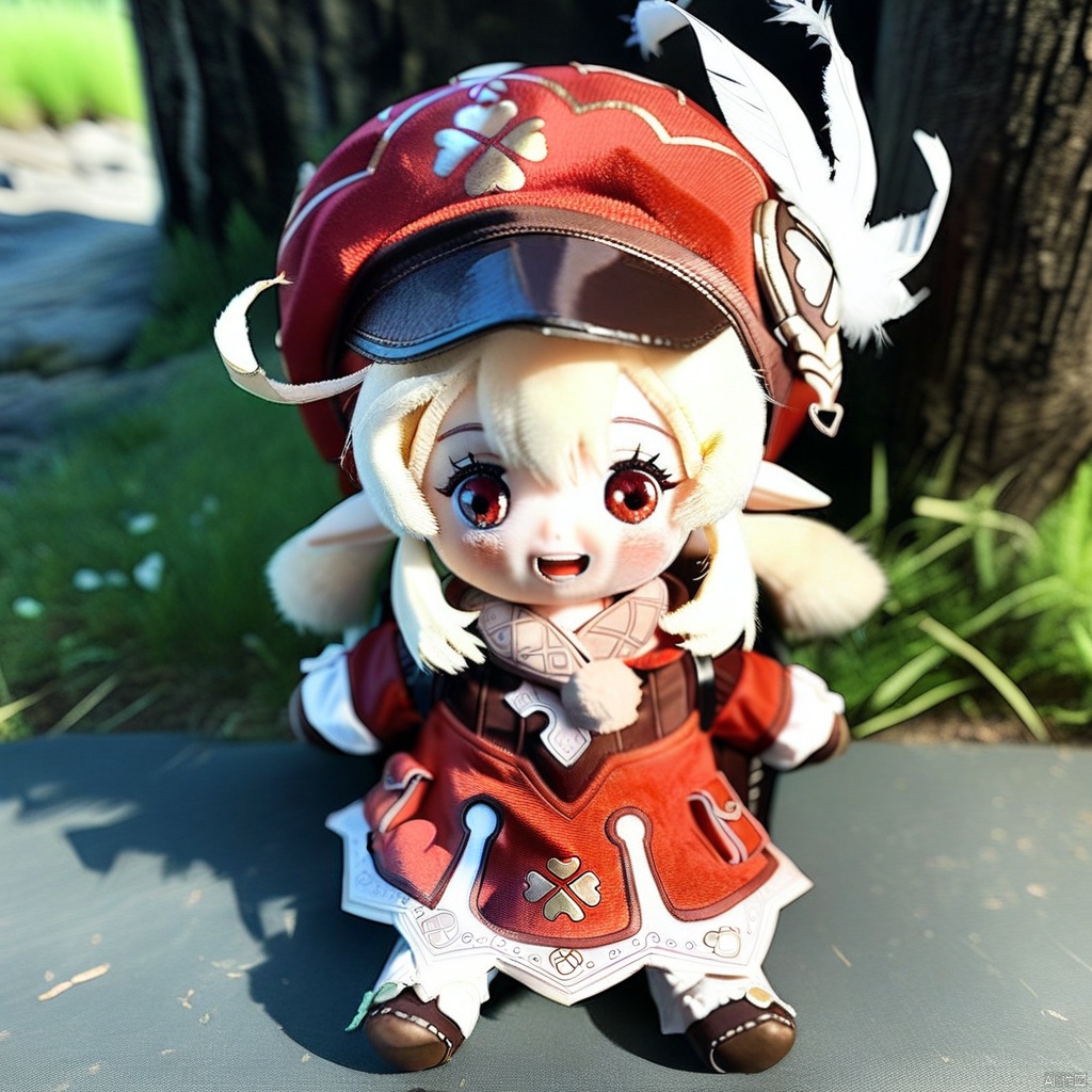 plush-doll-style,masterpiece,best quality,klee, 1girl, klee \(genshin impact\), hat, bag, red eyes, smile, solo, red dress, dress, hat feather, blush, bangs, open mouth, long sleeves, red headwear, backpack, sitting, dodoco \(genshin impact\), outdoors, twintails, blonde hair, looking at viewer, hair between eyes, pointy ears, :d, upper teeth only, feathers, teeth, tree, low twintails, cabbie hat, brown bag, long hair, day, white feathers, sidelocks, eyelashes, object hug, blurry, holding, jumpy dumpty