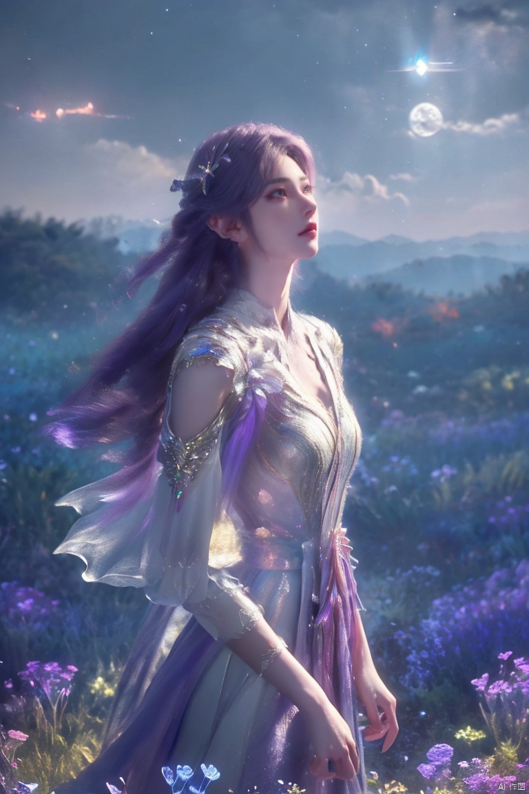  ((4k,masterpiece,best quality)), professional camera, 8k photos, wallpaper
1 girl, solo,purple hair,ethereal fairy, floating on clouds, sparkling gown with iridescent butterfly wings, holding a magic wand, surrounded by dancing fireflies, twilight sky, full moon, mystical forest in the background, glowing mushrooms, enchanted flowers, softly illuminated by bioluminescence, serene expression, delicate features with pointed ears, flowing silver hair adorned with tiny stars, gentle breeze causing her dress and hair to flow ethereally, dreamlike atmosphere, surreal color palette, high dynamic range lighting, intricate details, otherworldly aesthetic., youcai, 1 girl,bluess