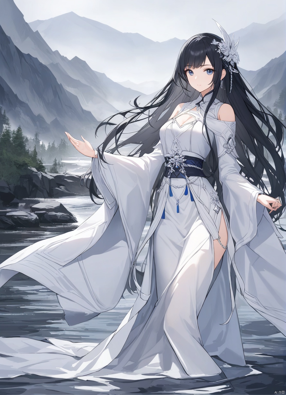 solo,highly detailed,(best quality),((masterpiece)),1girl,black hair,simple_background,long hair,looking_at_viewer,xiaoxiyue,hair ornament,long sleeves,jewelry,wide sleeves,white dress,overcast,mountain,water spring,


