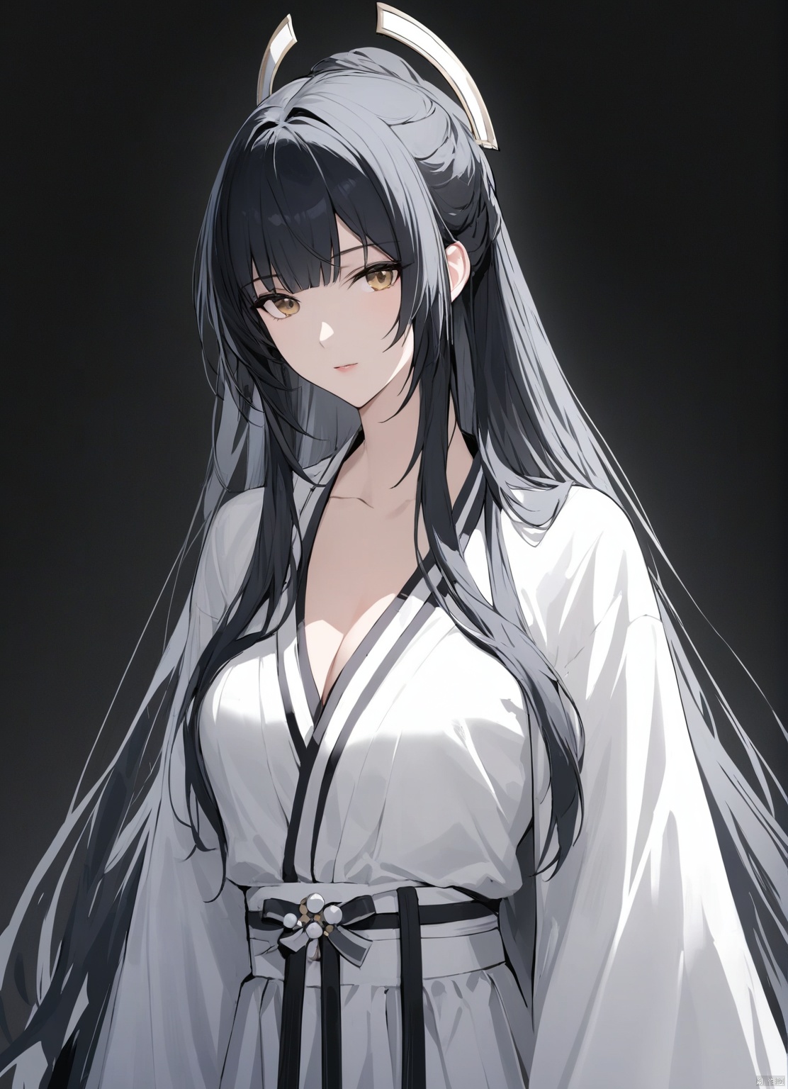solo,highly detailed,(best quality),((masterpiece)),1girl,black hair,simple_background,long hair,white clothes,hanfu,,black_background,looking_at_viewer,xiaoxiyue