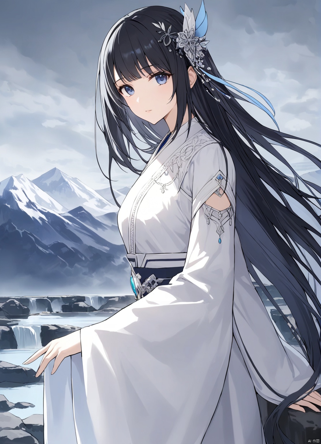 solo,highly detailed,(best quality),((masterpiece)),1girl,black hair,simple_background,long hair,looking_at_viewer,xiaoxiyue,hair ornament,long sleeves,jewelry,wide sleeves,white dress,overcast,mountain,water spring,


