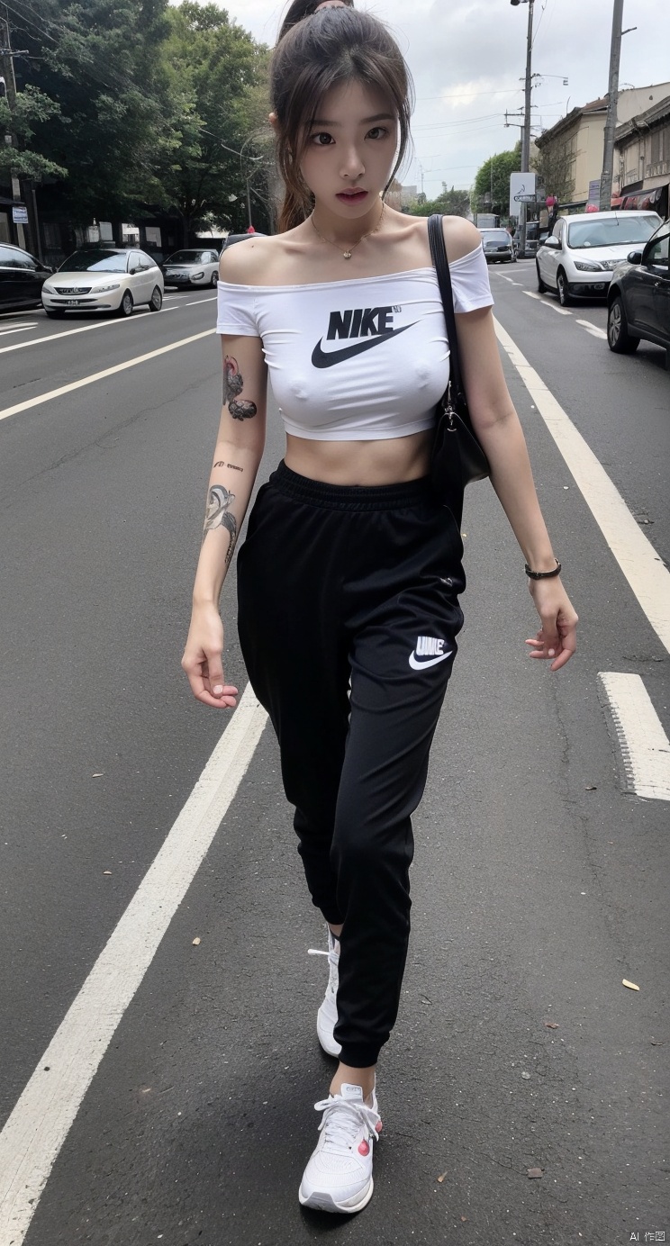 Focus on the face,18 years old girl,The golden ratio body,asian,White off-the-shoulder T-shirt,medium breasts,tattoo,city,perspective,high ponytail,1girl,xxs, Steps, Add details,full body photo ,outdoor,tattoos blackwork,moyou,track pants,walking,edging underwear,Nike