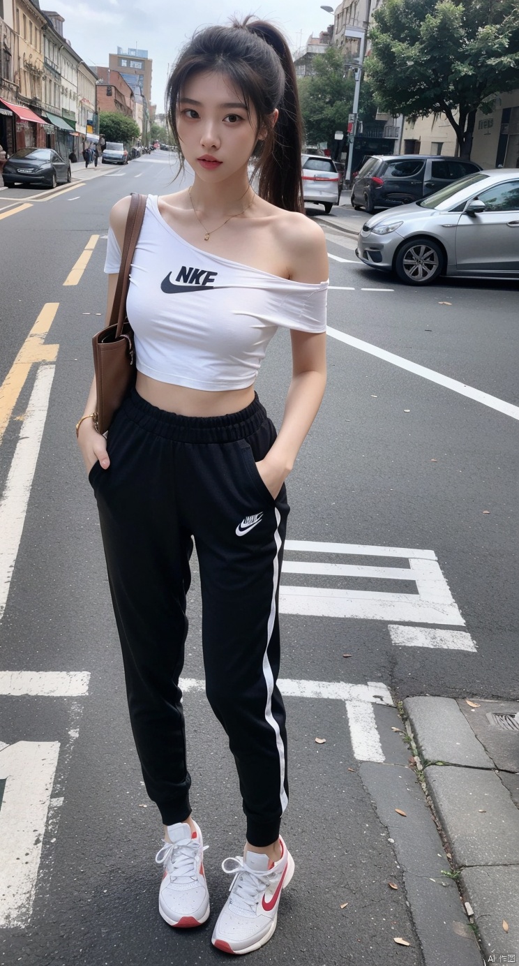 Focus on the face,18 years old girl,The golden ratio body,asian,White off-the-shoulder T-shirt,medium breasts,tattoo,city,perspective,high ponytail,1girl,xxs, Steps, Add details,full body photo ,outdoor,tattoos blackwork,moyou,track pants,walking,edging underwear,Nike,looking_at_viewer