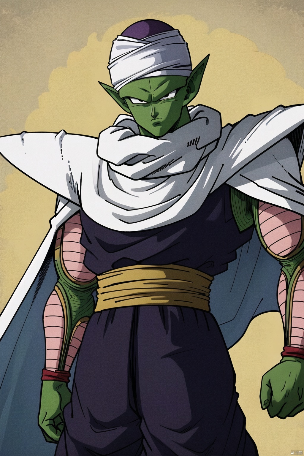 solo, looking at viewer, 1boy, standing, male focus, pointy ears, cape, colored skin, clenched hand, serious, green skin, white cape, turban, son gohan,bike