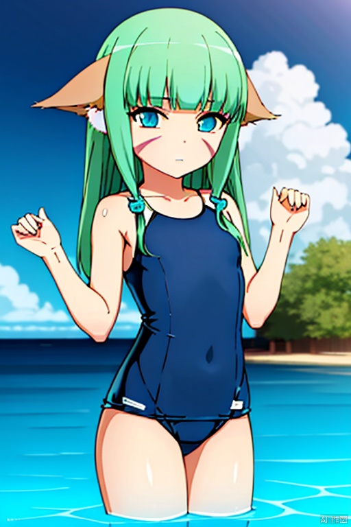  masterpiece, (best quality), (extremely detailed CG unity 8k wallpaper),best quality, masterpiece,little girl,12 years old,beautiful detailed eyes,aqua eyes,solo,bunches,bangs,cute face,swimsuit,Playing in the water by the beach,realistic,8k, xiqing,1TSSRSRR,tsrr
