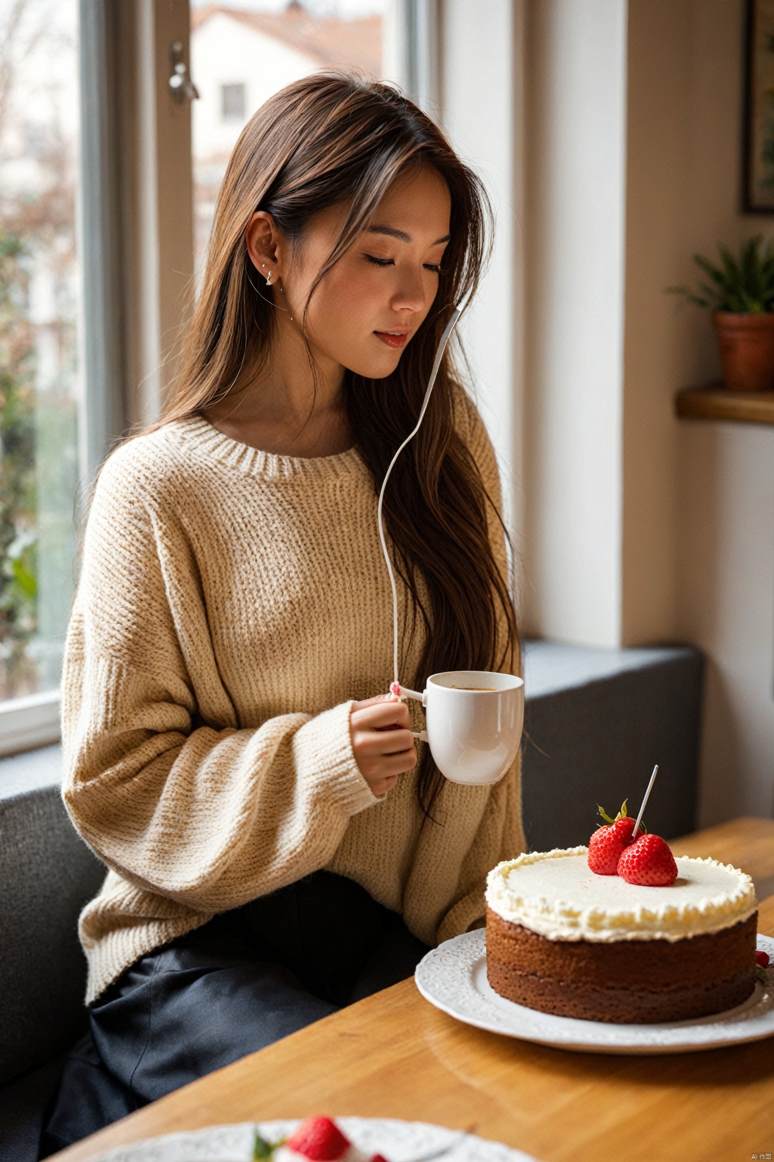  (Best Quality), (Masterpiece), (High Level), Illustrated, Original, Very Detailed, 1 Girl, Long Hair, Solo, Cup, Holding, Book, Fork, Straw, Plate, Indoor, Food, Sleeves Over Wrist,Sweater, Liu Hai, Long Sleeves, Sunshine, Blurred, Cake, Sitting, Table, Looking Side, Looking Far Away, Wine Glass, Lips, Windows, Brown Hair, Black Hair, Earphones, Cake Slices, Plants, Beverages, Sweater, Holding cup,