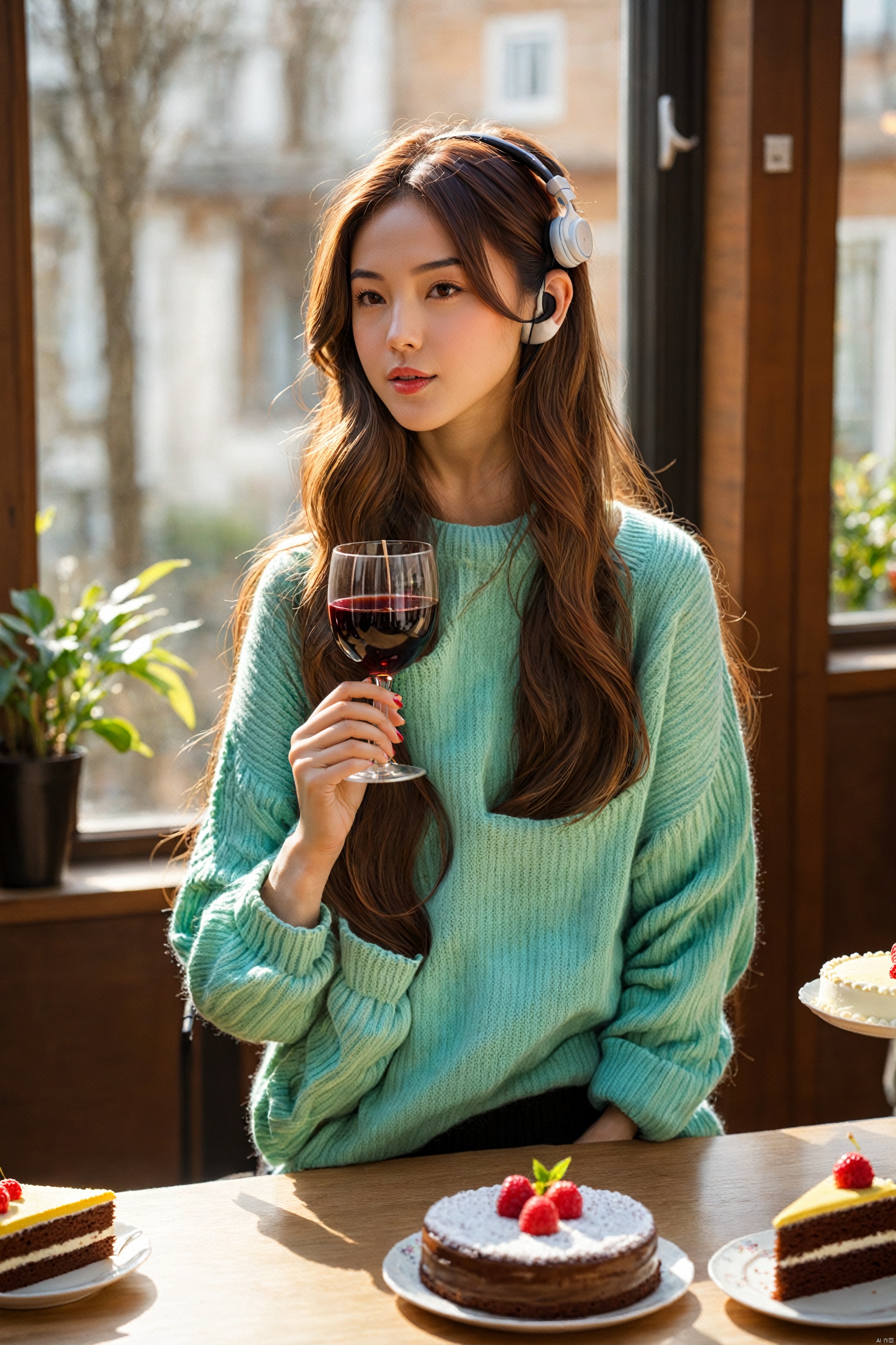  (Best Quality), (Masterpiece), (High Level), Illustrated, Original, Very Detailed, 1 Girl, Long Hair, Solo, Cup, Holding, Book, Fork, Straw, Plate, Indoor, Food, Sleeves Over Wrist,Sweater, Liu Hai, Long Sleeves, Sunshine, Blurred, Cake, Sitting, Table, Looking Side, Looking Far Away, Wine Glass, Lips, Windows, Brown Hair, Black Hair, Earphones, Cake Slices, Plants, Beverages, Sweater, Holding cup,
