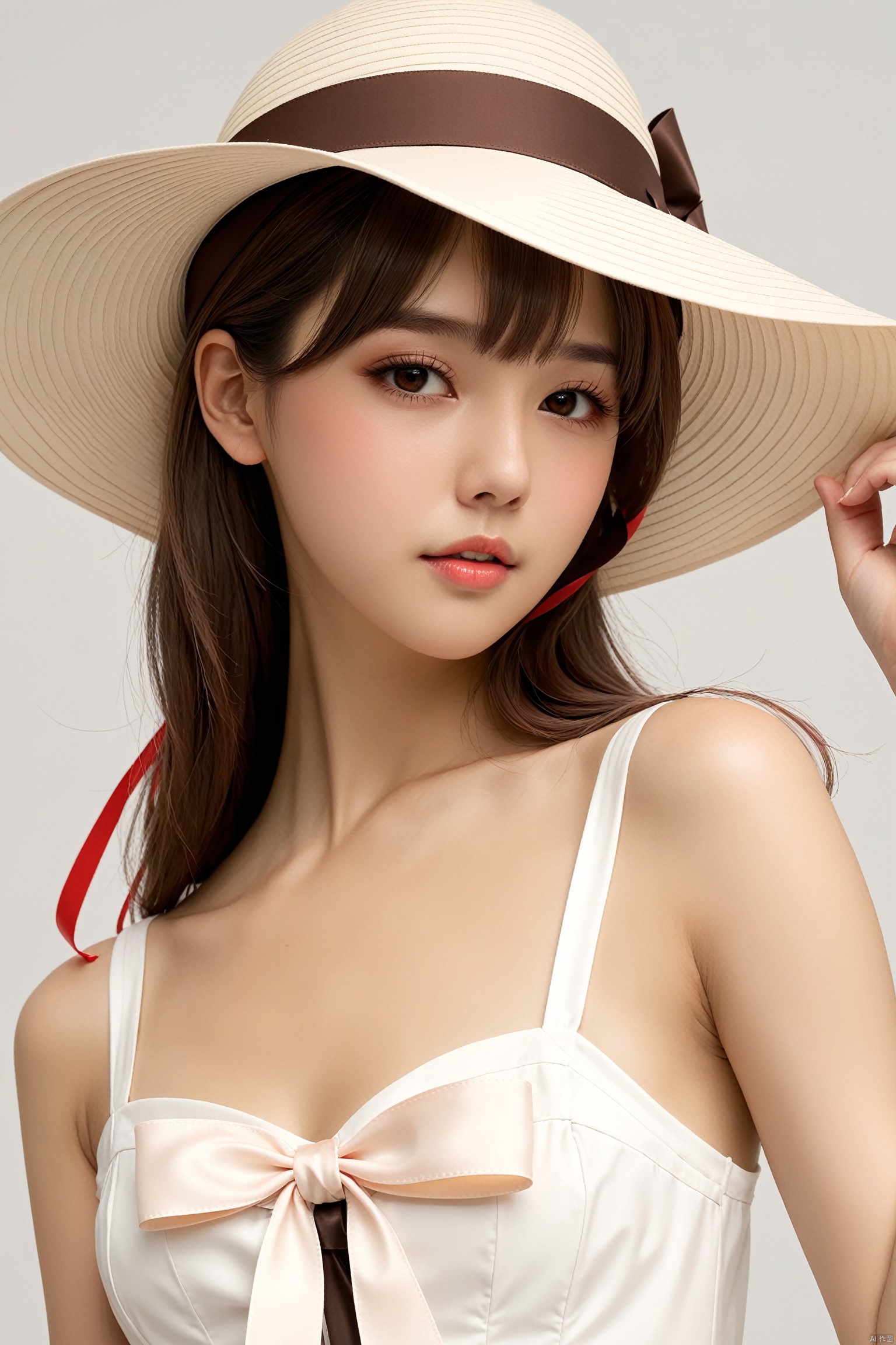 masterpiece,best quality,high quality,(colorful),[Artist toosaka asagi],[[[Artist wlop]]],[Artist chen bin],[Artist omone hokoma agm],Artist hiten (hitenkei), 1girl, solo, hat, dress, long hair, simple background, sleeveless, brown hair, ribbon, sleeveless dress, white dress, collarbone, white background, blush, bare shoulders, hands on headwear, sun hat, parted lips, brown eyes, bare arms, white headwear, breasts, sidelocks, bow, upper body, hat ribbon