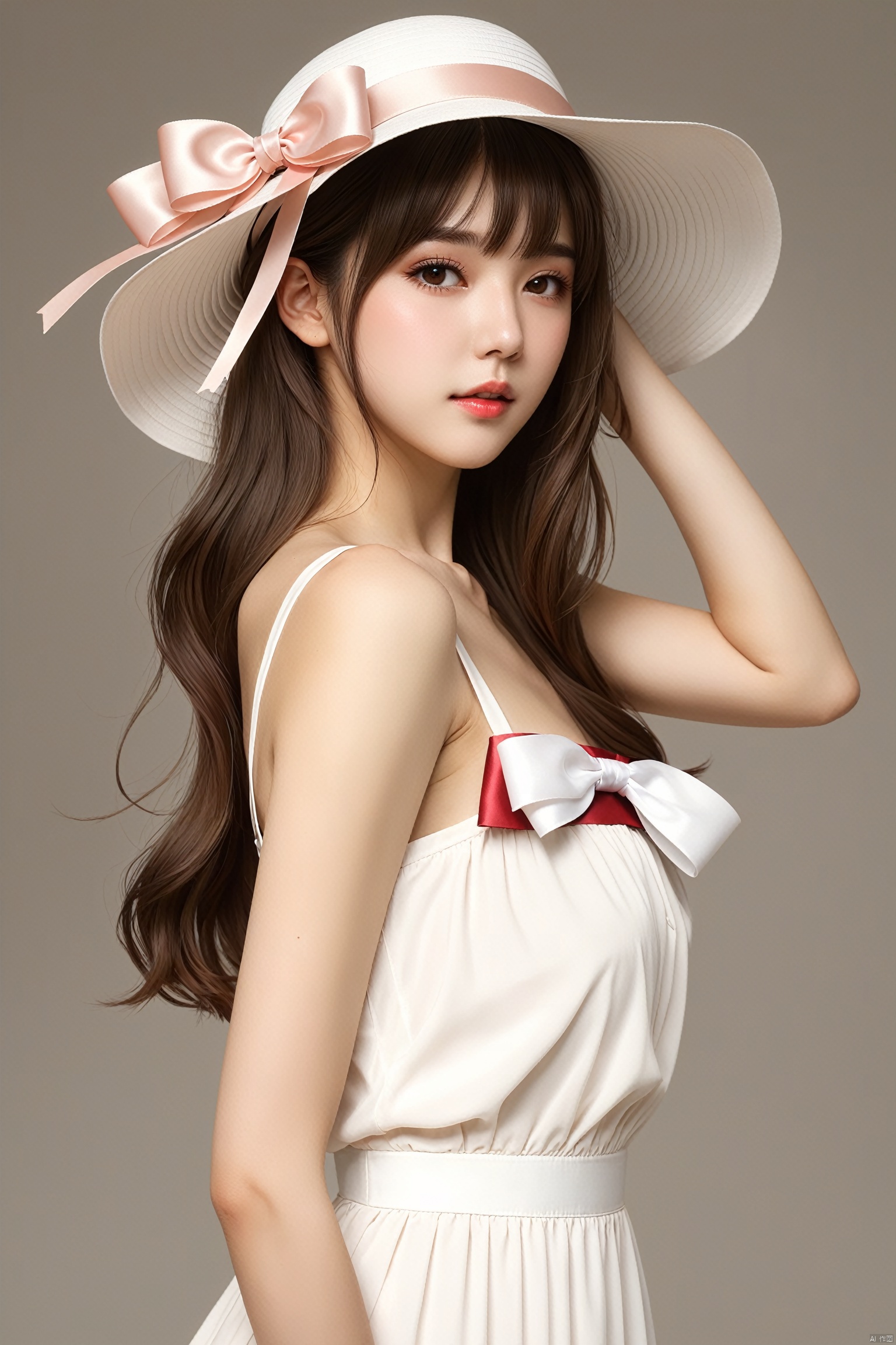 masterpiece,best quality,high quality,(colorful),[Artist toosaka asagi],[[[Artist wlop]]],[Artist chen bin],[Artist omone hokoma agm],Artist hiten (hitenkei), 1girl, solo, hat, dress, long hair, simple background, sleeveless, brown hair, ribbon, sleeveless dress, white dress, collarbone, white background, blush, bare shoulders, hands on headwear, sun hat, parted lips, brown eyes, bare arms, white headwear, breasts, sidelocks, bow, upper body, hat ribbon