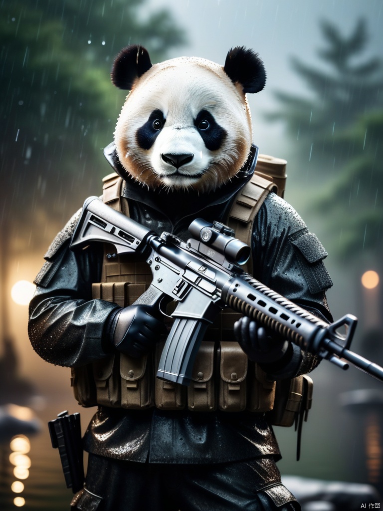  Panda soldier, Panda's head, soldier's body, wearing combat clothing, holding a rifle.

dramatic,Backlighting,soft contrast,cinematic,hyperdetailed photography,texture,fog,vignette,black and brown color palete,particles,water reflection,depth of field,bokeh,85mm 1.4,rain,sunset,(facing camera:1.1),ray tracing,shadows,ultra sharp,metal,((cold colors)),Epic CG masterpiece,(3D rendering),facing camera,ultra high resolution,(masterpiece),(best quality),(super detailed),(extremely delicate and beautiful),cinematic light,detailed environment,(real),(ultra realistic details:1.5),