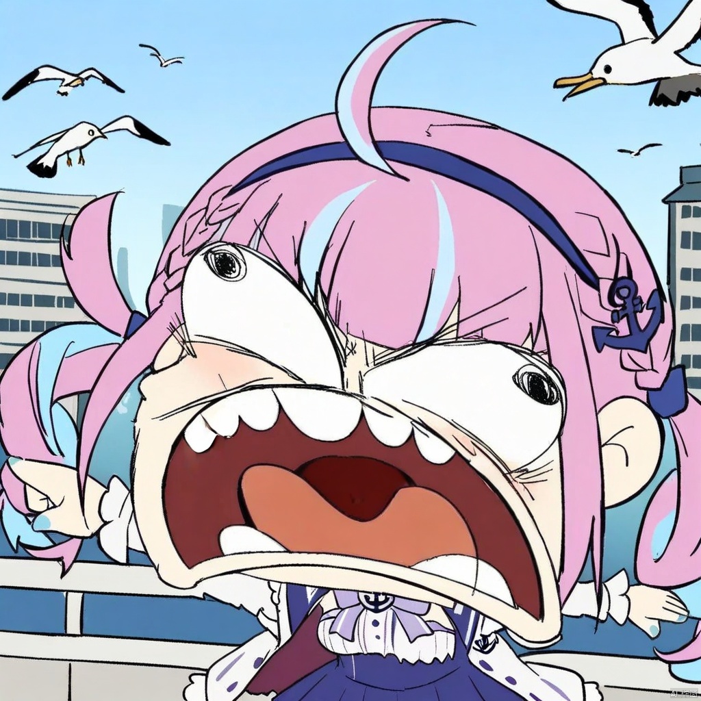 chibi, parody, open mouth, teeth,(masterpiece),(best quality),1girl, solo, virtual youtuber, multicolored hair, minato aqua, long hair, skirt, braid, looking at viewer, twin braids, bird, bangs, blue hair, outdoors, pantyhose, long sleeves, purple eyes, hat, pink hair, blue skirt, twintails, ahoge, two-tone hair, blush, bow, sailor collar, shirt, hairband, white jacket, pleated skirt, jacket, railing, white pantyhose, breasts, ribbon, white shirt, blue sky, day, streaked hair, open mouth, frills, blue sailor collar, sky, seagull, high-waist skirt, choker, blue bow, red flower, open clothes, standing, colored inner hair, hand up, bowtie, open jacket, collarbone, anchor symbol, cityscape, smile, blue nails