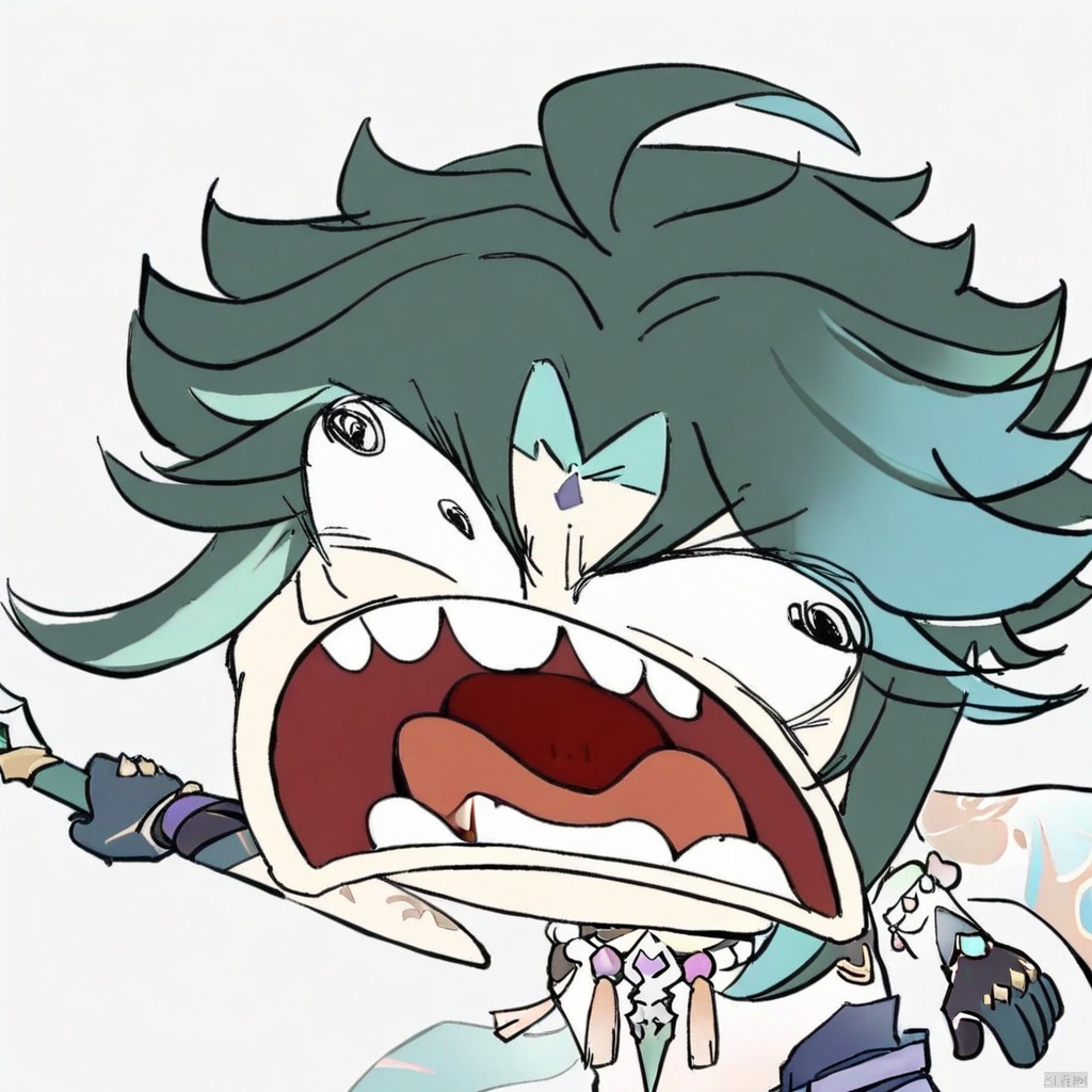 chibi, parody, open mouth, teeth,(masterpiece),(best quality),1boy, solo, xiao \(genshin impact\), weapon, male focus, necklace, polearm, white background, jewelry, holding weapon, simple background, holding, smile, multicolored hair, bead necklace, green hair, full body, gloves, holding polearm, spear, asymmetrical clothes, tattoo, beads, ahoge, standing, closed mouth, bangs, detached sleeves, looking at viewer, facial mark, arm guards