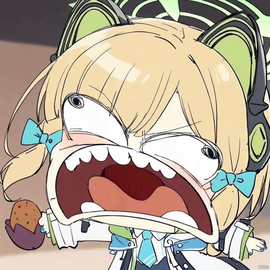 chibi, parody, open mouth, teeth,(masterpiece),(best quality),1girl,midori \(blue archive\),blue archive,aiamu iamu,holding food,holding,hooded jacket,food,sidelocks,:d,collared shirt,blurry,long sleeves,puffy sleeves,headphones,blue bow,hand up,necktie,upper body,halo,looking at viewer,jacket,sleeves past wrists,blush,nail polish,blue necktie,animal ear headphones,blurry background,blonde hair,shirt,green eyes,hood down,open clothes,depth of field,hood,smile,white jacket,fake animal ears,bow,puffy long sleeves,open jacket,solo,dress shirt,animal ears,white shirt,blue nails,hair bow,long hair,drawstring,sweet potato,