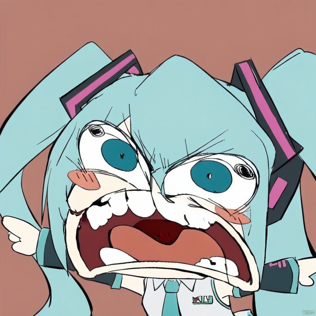 chibi, parody, open mouth, teeth,(masterpiece),(best quality),1girl, hatsune miku, twintails, necktie, solo, skirt, shirt, aqua hair, black skirt, aqua eyes, detached sleeves, long hair, sleeveless, white shirt, open mouth, white background, aqua necktie, black sleeves, sleeveless shirt, outstretched arms, very long hair, blush stickers, pleated skirt, hair ornament, miniskirt, bare shoulders, musical note