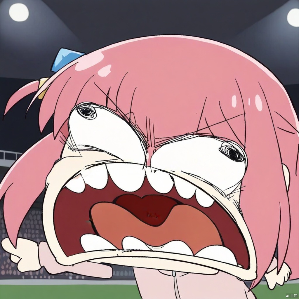 chibi, parody, open mouth, teeth,(masterpiece),(best quality),1/girl, gotoh_hitori, bocchi_the_rock!, masterpiece, best quality, very aesthetic, absurdres, standing, stadium, holding guitar, facing viewer, nervous expression, pink tracksuit, audience background, stage lights, night, 2.5D,