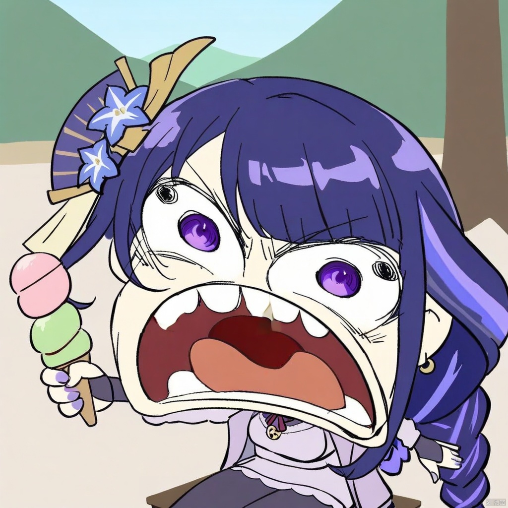 chibi, parody, open mouth, teeth,(masterpiece),(best quality),macaron, 1girl, food, wagashi, solo, raiden shogun, purple skirt, dango, sweater, purple eyes, braided ponytail, mole under eye, purple hair, skirt, pantyhose, ice cream, turtleneck, hair ornament, sitting, sanshoku dango, tomoe \(symbol\), breasts, jewelry, long hair, parfait, braid, looking at viewer, mitsudomoe \(shape\), sweets, holding, necklace, bangs, mole, ice cream cone, purple nails, earrings, purple jacket, long sleeves, open clothes, bag, turtleneck sweater, open jacket, off shoulder, black pantyhose, nail polish, jacket, outdoors, hair flower, day, cake, flower, large breasts, very long hair, alternate costume, ribbed sweater, table, dessert, chair, purple flower, sleeves past wrists, parted lips, open mouth, holding food, purple sweater, knees together feet apart, tree