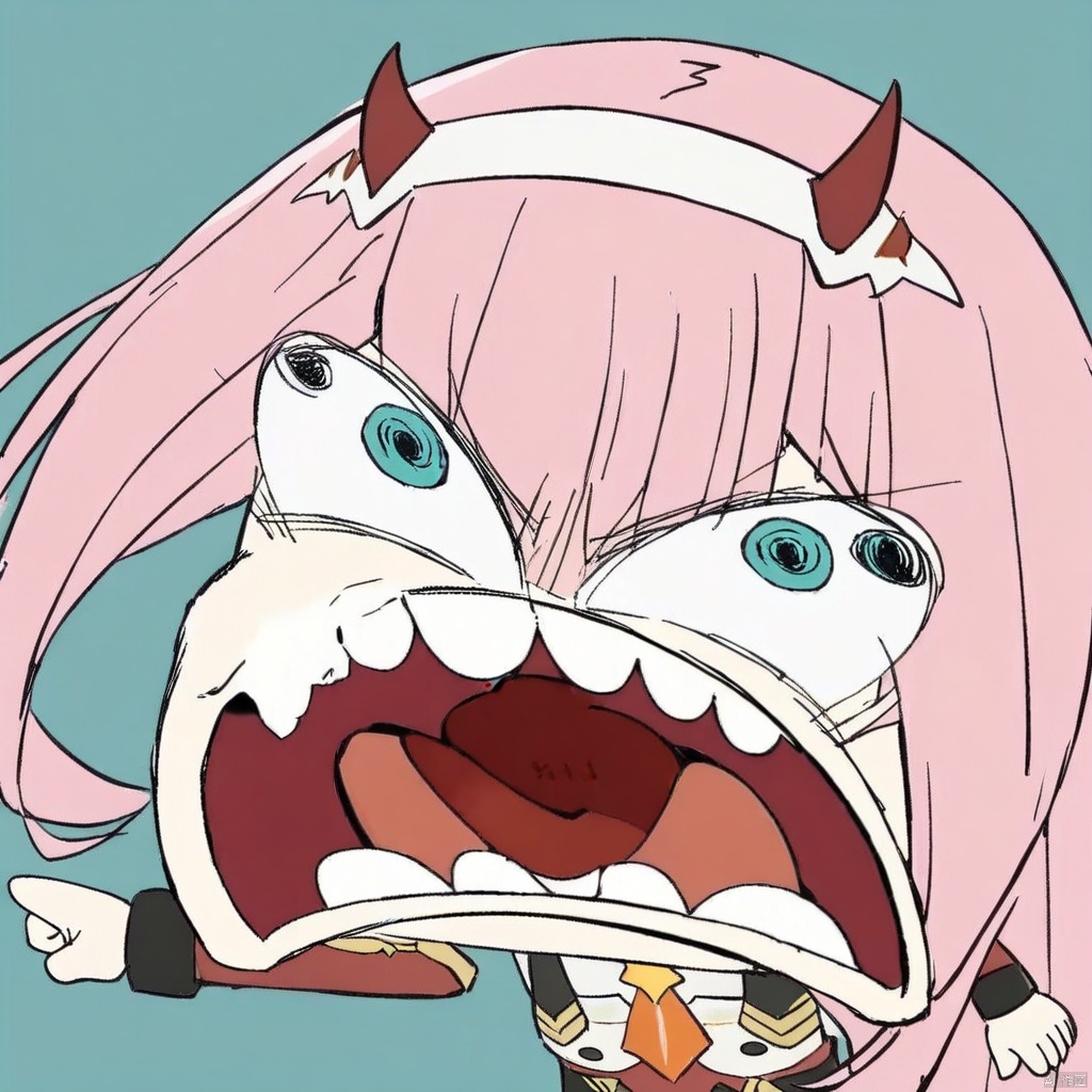 chibi, parody, open mouth, teeth,(masterpiece),(best quality),1girl, aqua_background, aqua_eyes, blue_background, buttons, double-breasted, fangs, green_eyes, hairband, horns, long_hair, looking_at_viewer, military, military_uniform, necktie, pink_hair, sky, solo, tongue, tongue_out, uniform, white_hairband, zero_two_\(darling_in_the_franxx\)