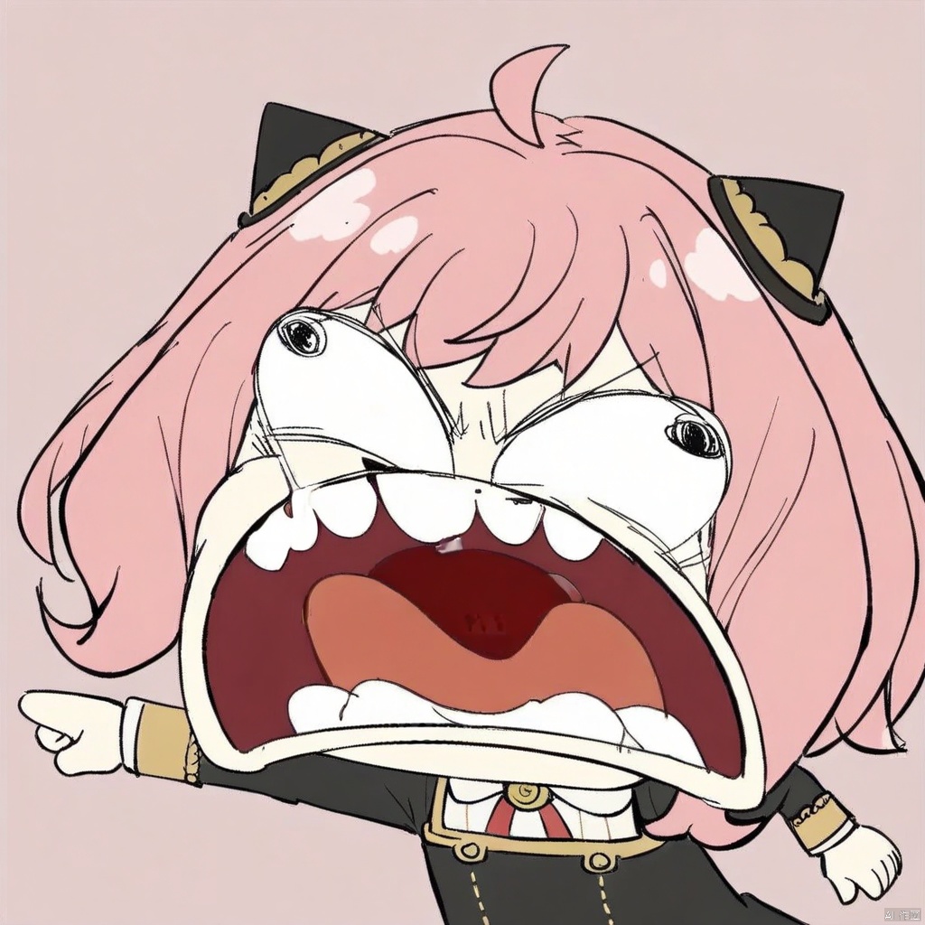 chibi, parody, open mouth, teeth,(masterpiece),(best quality),Anya Forger, 1girl, anya \(spy x family\), solo, female child, pink hair, green eyes, school uniform, eden academy school uniform, smile, dress, sitting, looking at viewer, open mouth, black footwear, black dress, child, shirt, :d, long sleeves, full body, shoes, medium hair, bangs, ahoge, white pantyhose, collared shirt