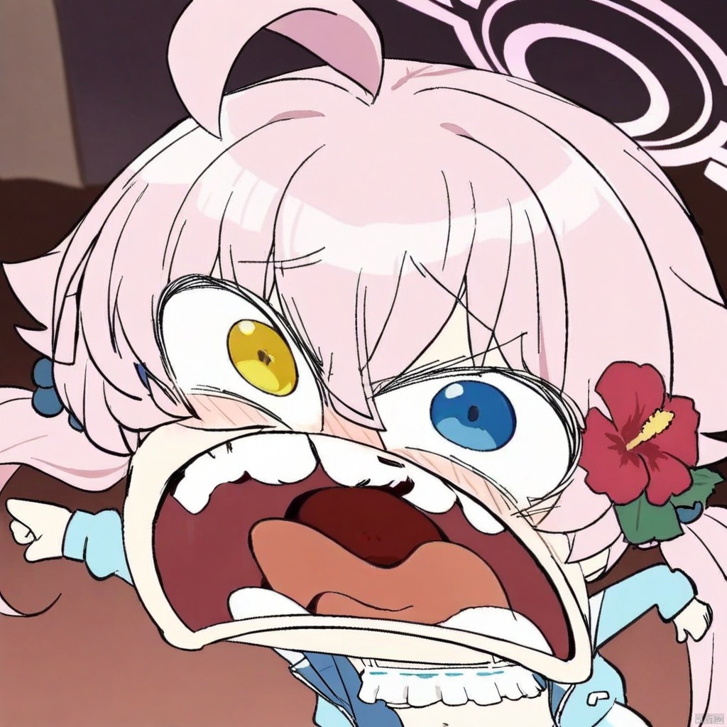 chibi, parody, open mouth, teeth,(masterpiece),(best quality),solo, red flower, 1girl, hoshino (blue archive), flower, blue jacket, hoshino (swimsuit) (blue archive), hair ornament, white bikini, frilled bikini, heterochromia, swimsuit, twintails, long hair, ahoge, yellow eyes, bikini, navel, halo, blush, looking at viewer, jacket, frills, low twintails, blue eyes, open mouth, pink hair, collarbone, hair between eyes, hair bobbles, outdoors, long sleeves, hair flower, official alternate costume, hibiscus, open clothes, blurry