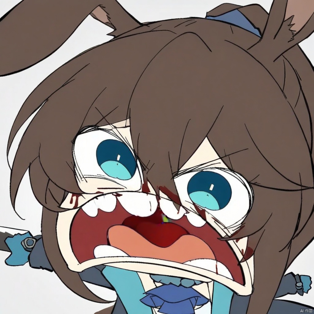 chibi, parody, open mouth, teeth,(masterpiece),(best quality),1girl, animal ears, amiya (arknights), solo, blue eyes, rabbit ears, long hair, holding, looking at viewer, blood, weapon, blue ascot, upper body, holding weapon, brown hair, ascot, hair between eyes, sword, holding sword, jacket, blood on face, closed mouth, open clothes, sidelocks, open jacket, jewelry, shirt, neck ring, white shirt, black jacket, ponytail, glowing,
