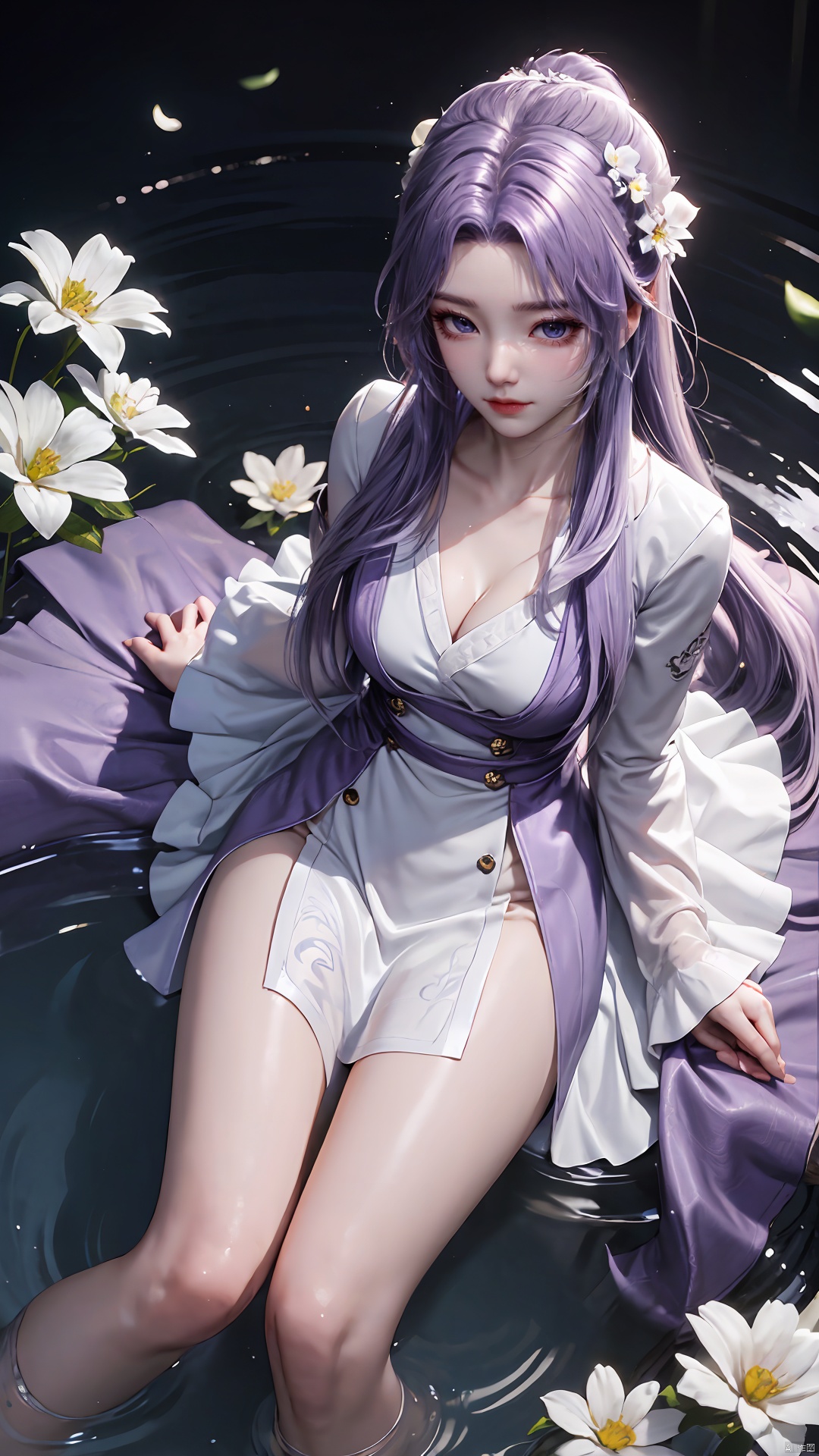  purple element,looking from above,above the knee,appear on camera,blue eyes,white_flower,XYunxiao,