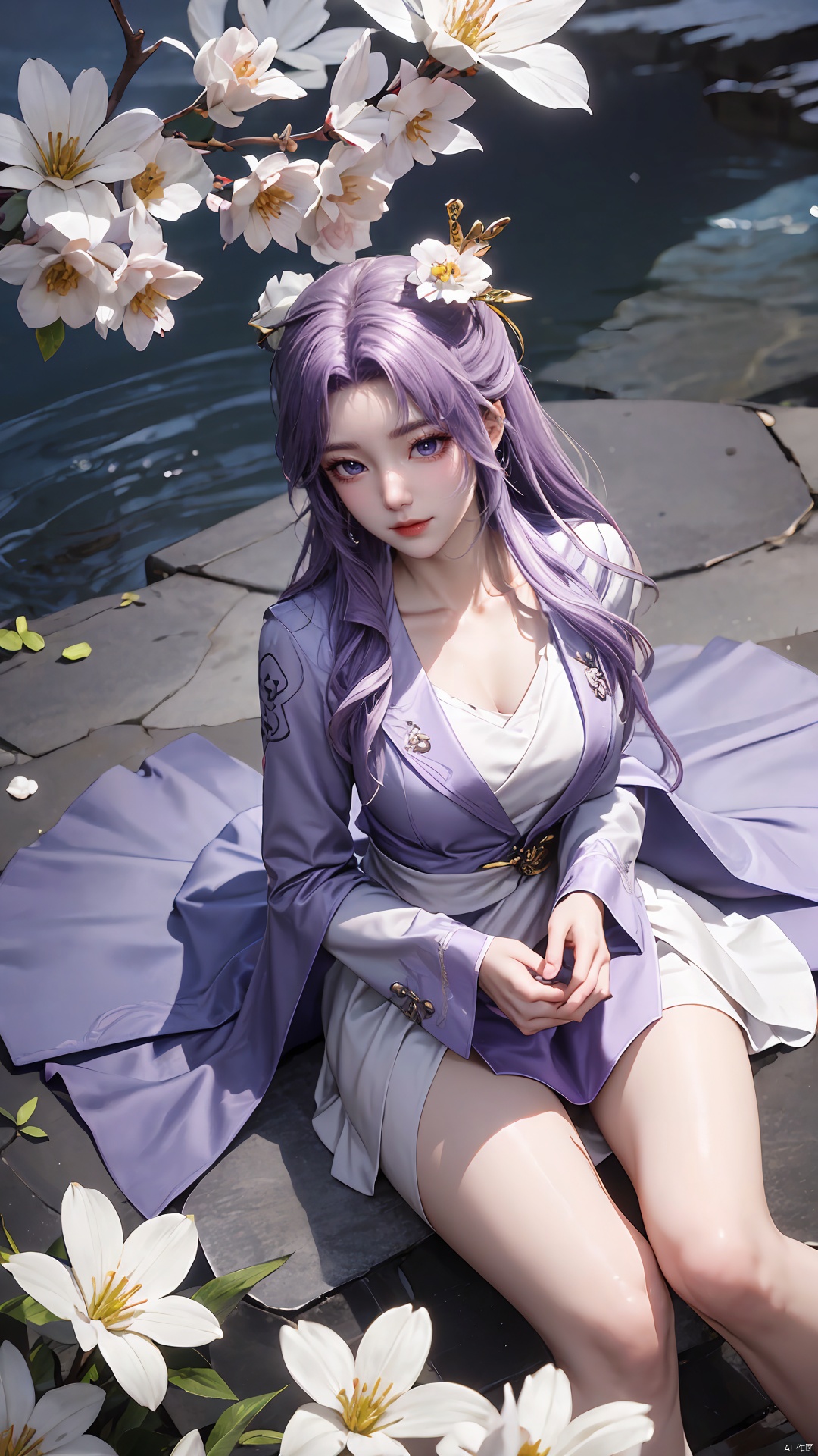  purple element,looking from above,above the knee,appear on camera,blue eyes,white_flower,XYunxiao,