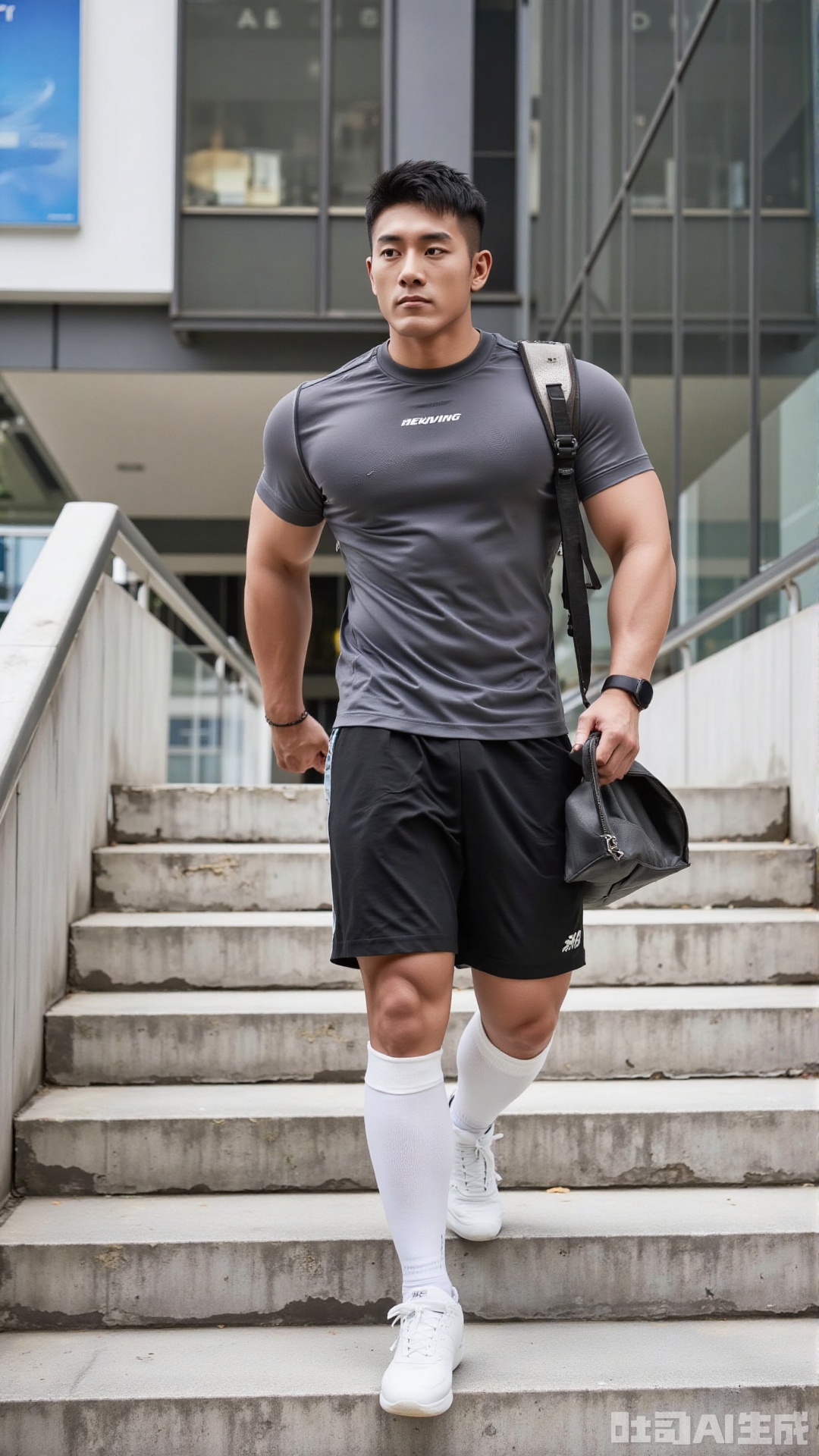 A muscular 28-year-old Japanese man walking down a staircase. He is wearing a fitted moisture-wicking athletic T-shirt, sport shorts, white knee-high socks, and running shoes. He is carrying a gym bag slung over one shoulder. His physique is well-defined and athletic, and his expression is calm and focused. The setting is urban, with concrete stairs and a modern building environment. The lighting is natural, casting subtle shadows that highlight his toned body and casual, sporty appearance. Realistic style with a dynamic sense of movement.,jzns,,xnz,djt