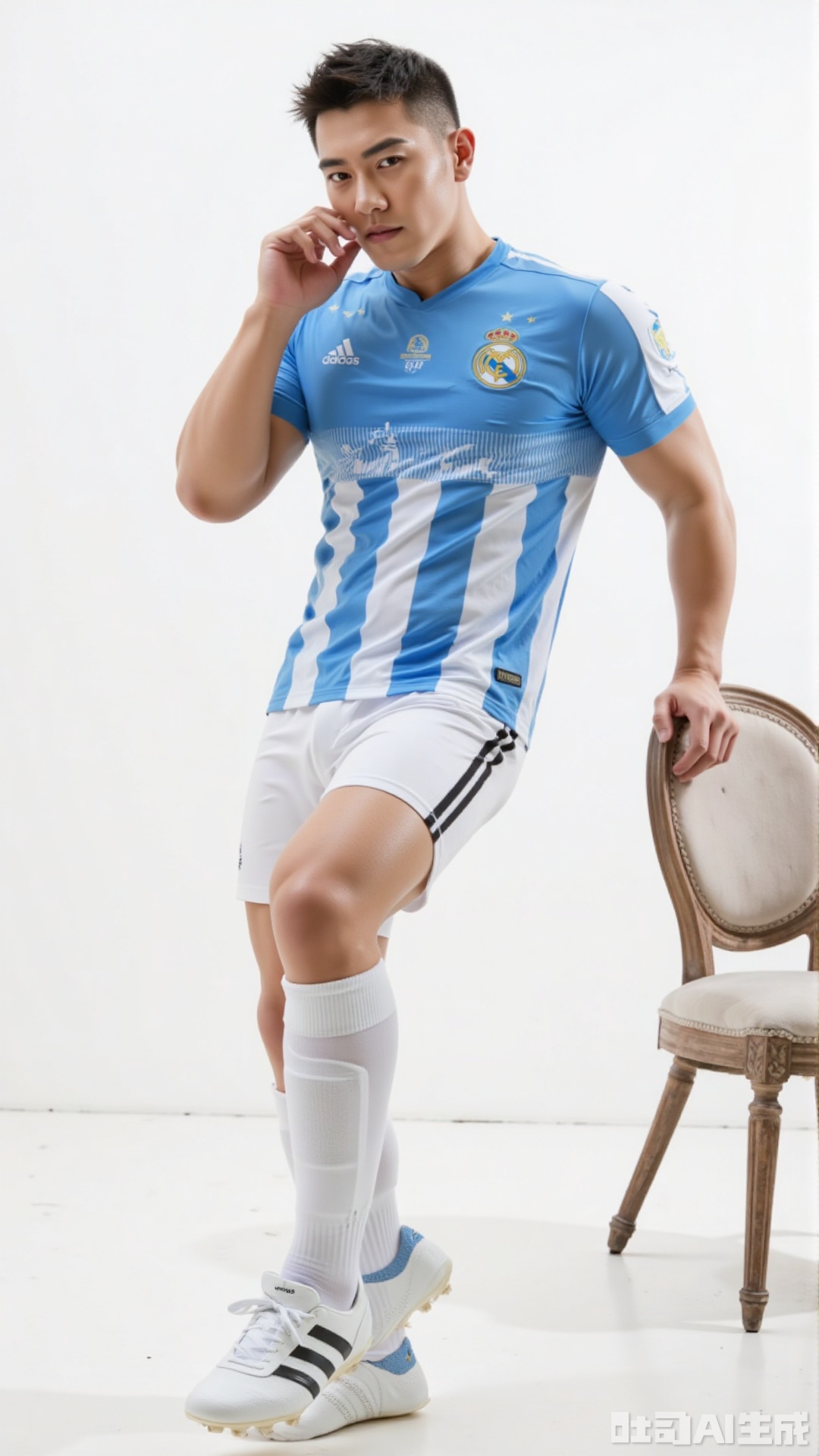 The image shows a person wearing a blue and white striped soccer uniform. The jersey features a crest with a soccer ball and stars, and the shorts are white with black stripes. The person is also wearing white socks and white cleats with blue and black accents. The background is plain and white, with a chair partially visible on the right side. The person is posing with one leg raised and their hand near their face. The image has a casual and sporty style.white knee high socks.,jzns