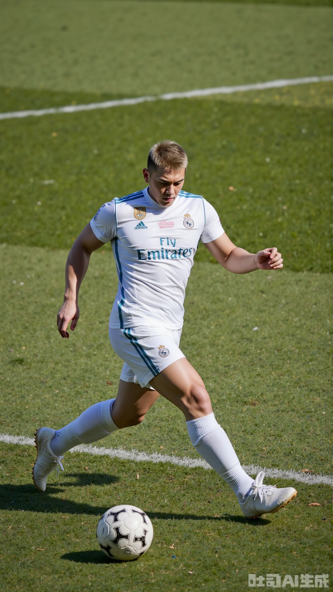 On the sun-drenched grass pitch, the blond player glides into the penalty area as lightly as a cheetah. white jersey,He arches his back slightly, lowers his center of gravity, and his muscular lines shimmer faintly in the sunlight. His powerful thighs form a graceful arc, and with a deft inward turn of his ankle, he precisely traps the speeding football at his feet. In that instant, he seems to merge with the ball. His knee-high white socks glimmer in the sunlight, while faint cheers drift from the stands, mingling with the scent of grass and sweat in the air, jointly freezing this wonderful moment on the green pitch..,jzns