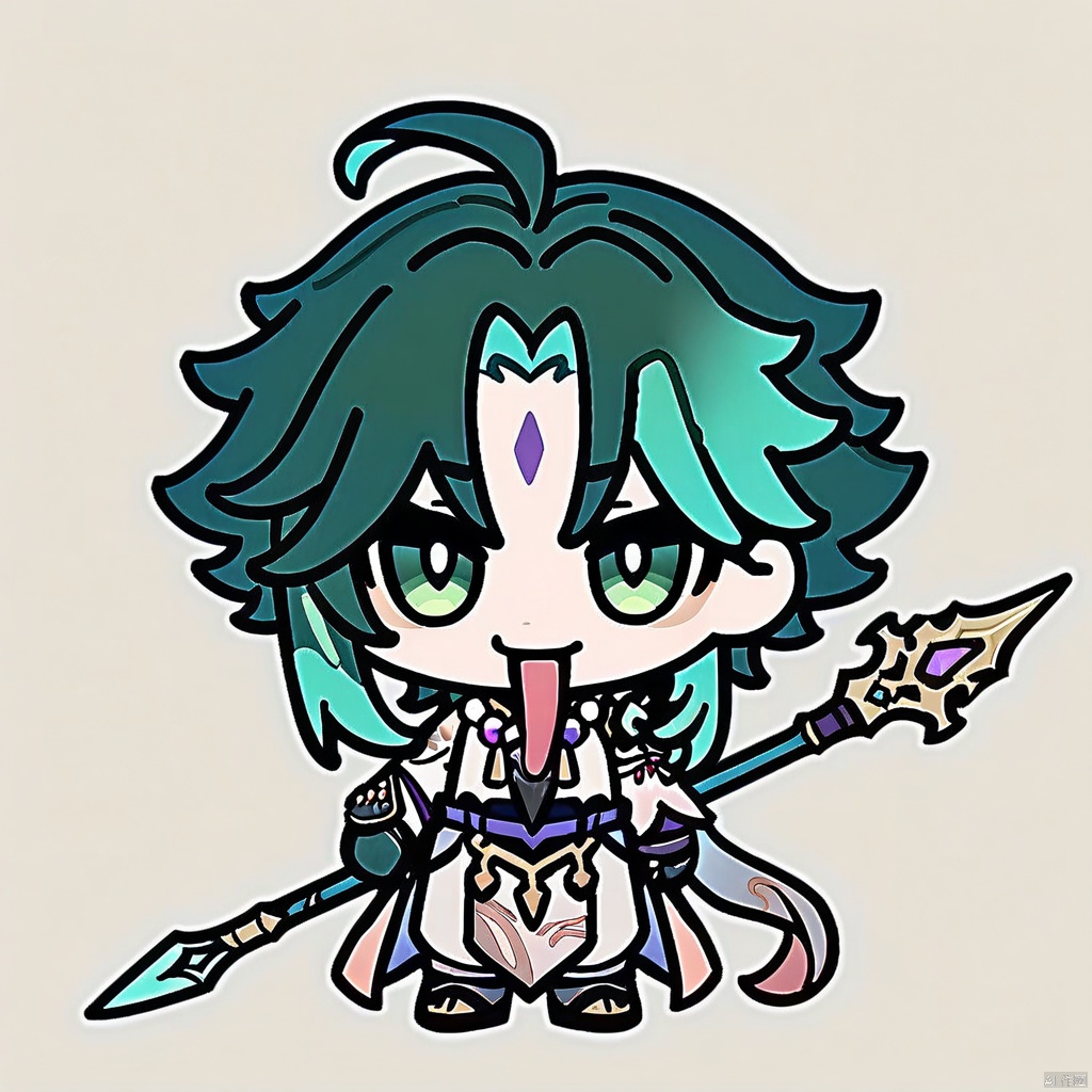 chibi, tongue out, long tongue, full body,(masterpiece),(best quality),1boy, solo, xiao \(genshin impact\), weapon, male focus, necklace, polearm, white background, jewelry, holding weapon, simple background, holding, smile, multicolored hair, bead necklace, green hair, full body, gloves, holding polearm, spear, asymmetrical clothes, tattoo, beads, ahoge, standing, closed mouth, bangs, detached sleeves, looking at viewer, facial mark, arm guards