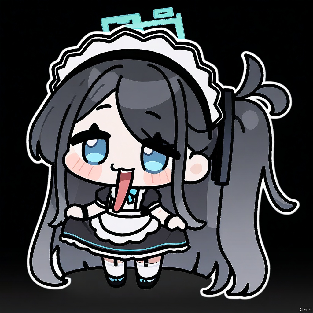 chibi, tongue out, long tongue, full body,(masterpiece),(best quality),masterpiece,best quality,very aesthetic,absurdres,newest,
BREAK
sdorica composition,black background,simple background,character name,
BREAK
1girl, solo, aris \(blue archive\), aris \(maid\) \(blue archive\), halo, long hair, black hair, thighhighs, white thighhighs, apron, blue eyes, official alternate costume, maid headdress, maid, very long hair, full body, simple background, white background, short sleeves, open mouth, dress, looking at viewer, maid apron, white apron, black footwear, borrowed clothes, shoes, black dress, frilled apron, frills, blush, upper teeth only, ponytail, smile, puffy sleeves, standing, side ponytail, teeth, puffy short sleeves, absurdly long hair, garter straps, skirt hold, bow, sidelocks,