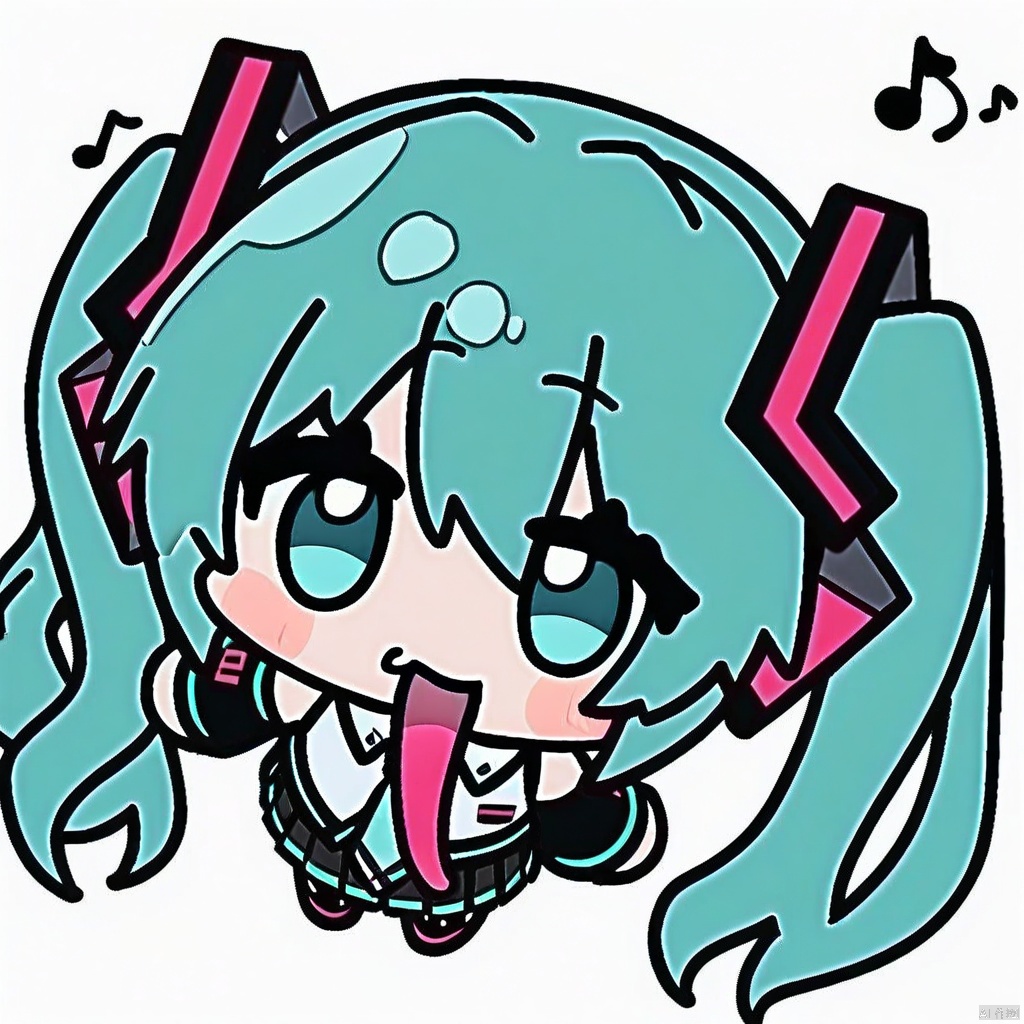chibi, tongue out, long tongue, full body,(masterpiece),(best quality),1girl, hatsune miku, twintails, necktie, solo, skirt, shirt, aqua hair, black skirt, aqua eyes, detached sleeves, long hair, sleeveless, white shirt, open mouth, white background, aqua necktie, black sleeves, sleeveless shirt, outstretched arms, very long hair, blush stickers, pleated skirt, hair ornament, miniskirt, bare shoulders, musical note