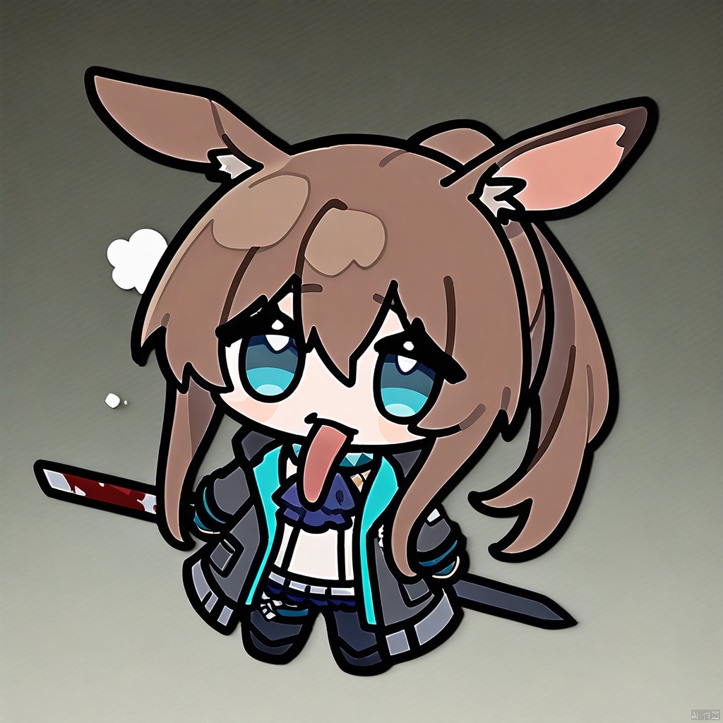 chibi, tongue out, long tongue, full body,(masterpiece),(best quality),1girl, animal ears, amiya (arknights), solo, blue eyes, rabbit ears, long hair, holding, looking at viewer, blood, weapon, blue ascot, upper body, holding weapon, brown hair, ascot, hair between eyes, sword, holding sword, jacket, blood on face, closed mouth, open clothes, sidelocks, open jacket, jewelry, shirt, neck ring, white shirt, black jacket, ponytail, glowing,