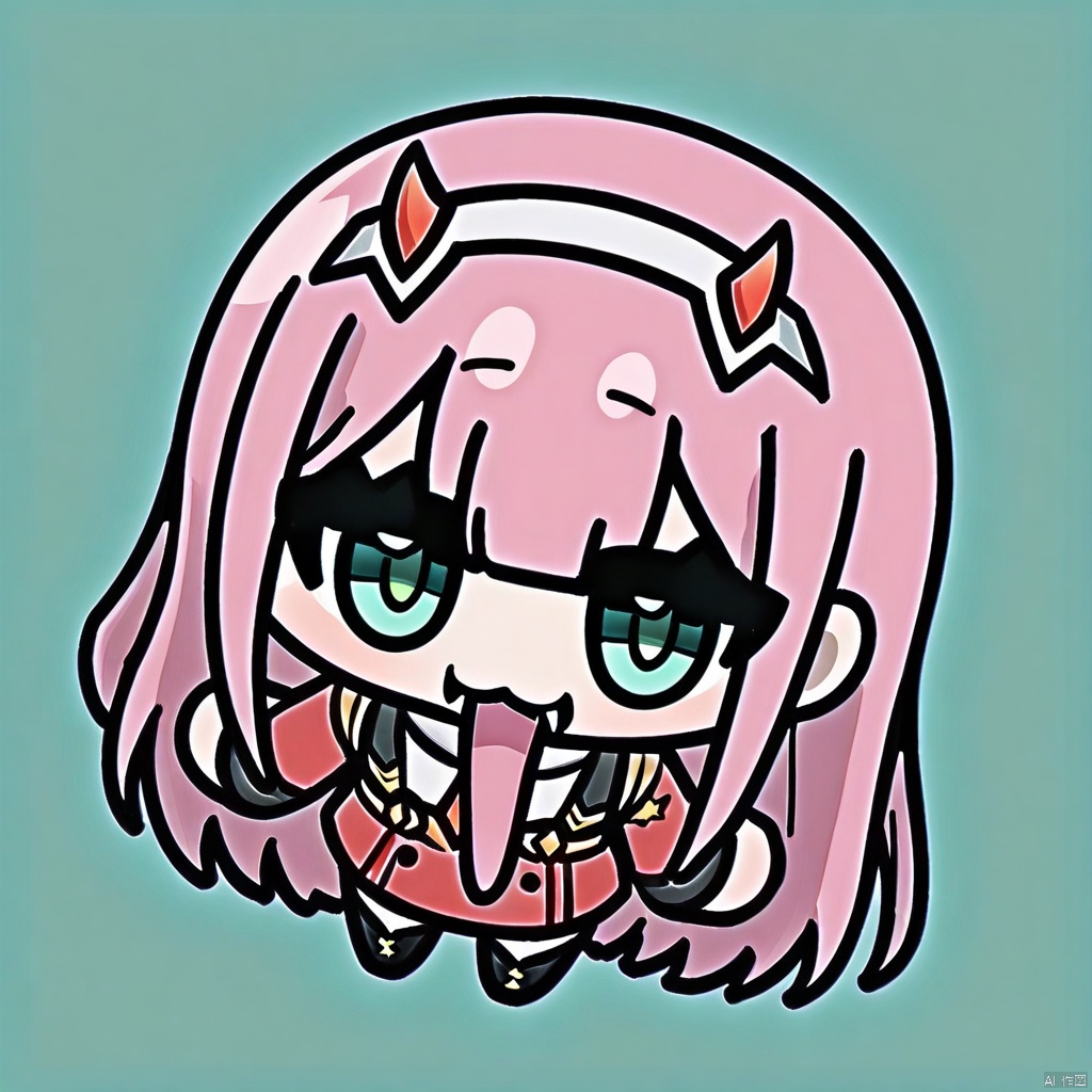 chibi, tongue out, long tongue, full body,(masterpiece),(best quality),1girl, aqua_background, aqua_eyes, blue_background, buttons, double-breasted, fangs, green_eyes, hairband, horns, long_hair, looking_at_viewer, military, military_uniform, necktie, pink_hair, sky, solo, tongue, tongue_out, uniform, white_hairband, zero_two_\(darling_in_the_franxx\)