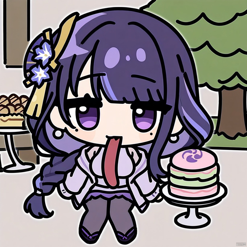 chibi, tongue out, long tongue, full body,(masterpiece),(best quality),macaron, 1girl, food, wagashi, solo, raiden shogun, purple skirt, dango, sweater, purple eyes, braided ponytail, mole under eye, purple hair, skirt, pantyhose, ice cream, turtleneck, hair ornament, sitting, sanshoku dango, tomoe \(symbol\), breasts, jewelry, long hair, parfait, braid, looking at viewer, mitsudomoe \(shape\), sweets, holding, necklace, bangs, mole, ice cream cone, purple nails, earrings, purple jacket, long sleeves, open clothes, bag, turtleneck sweater, open jacket, off shoulder, black pantyhose, nail polish, jacket, outdoors, hair flower, day, cake, flower, large breasts, very long hair, alternate costume, ribbed sweater, table, dessert, chair, purple flower, sleeves past wrists, parted lips, open mouth, holding food, purple sweater, knees together feet apart, tree