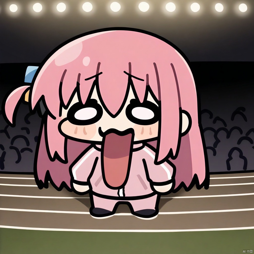 chibi, tongue out, long tongue, full body,(masterpiece),(best quality),1/girl, gotoh_hitori, bocchi_the_rock!, masterpiece, best quality, very aesthetic, absurdres, standing, stadium, holding guitar, facing viewer, nervous expression, pink tracksuit, audience background, stage lights, night, 2.5D,