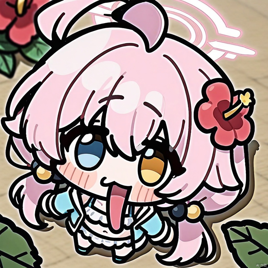 chibi, tongue out, long tongue, full body,(masterpiece),(best quality),solo, red flower, 1girl, hoshino (blue archive), flower, blue jacket, hoshino (swimsuit) (blue archive), hair ornament, white bikini, frilled bikini, heterochromia, swimsuit, twintails, long hair, ahoge, yellow eyes, bikini, navel, halo, blush, looking at viewer, jacket, frills, low twintails, blue eyes, open mouth, pink hair, collarbone, hair between eyes, hair bobbles, outdoors, long sleeves, hair flower, official alternate costume, hibiscus, open clothes, blurry