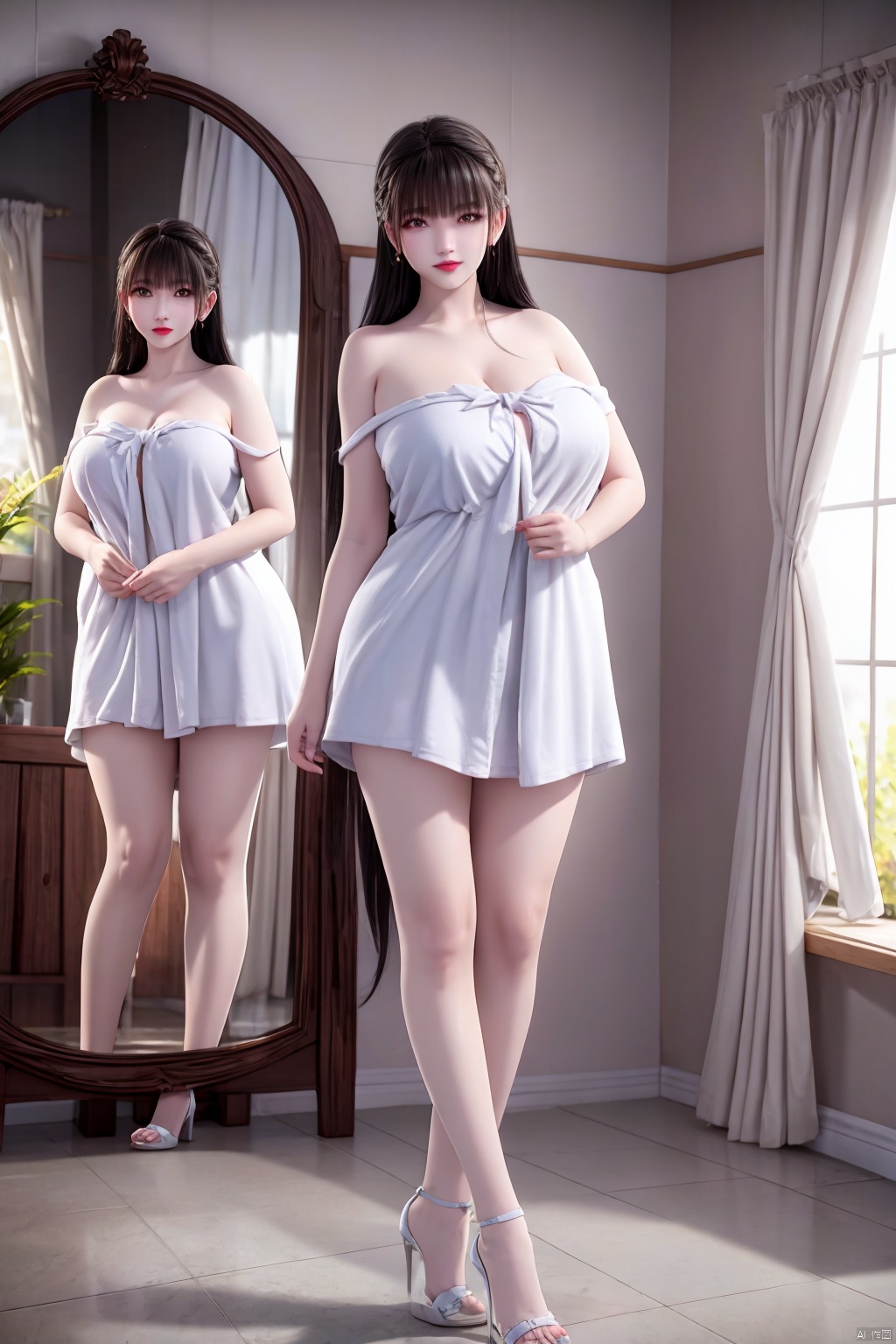 1girl, solo, long hair, breasts, looking at viewer, bangs, large breasts, brown hair, black hair, dress, bare shoulders, brown eyes, standing, full body, indoors, high heels, window, white footwear, curtains, towel, mirror, naked towel, strappy heels