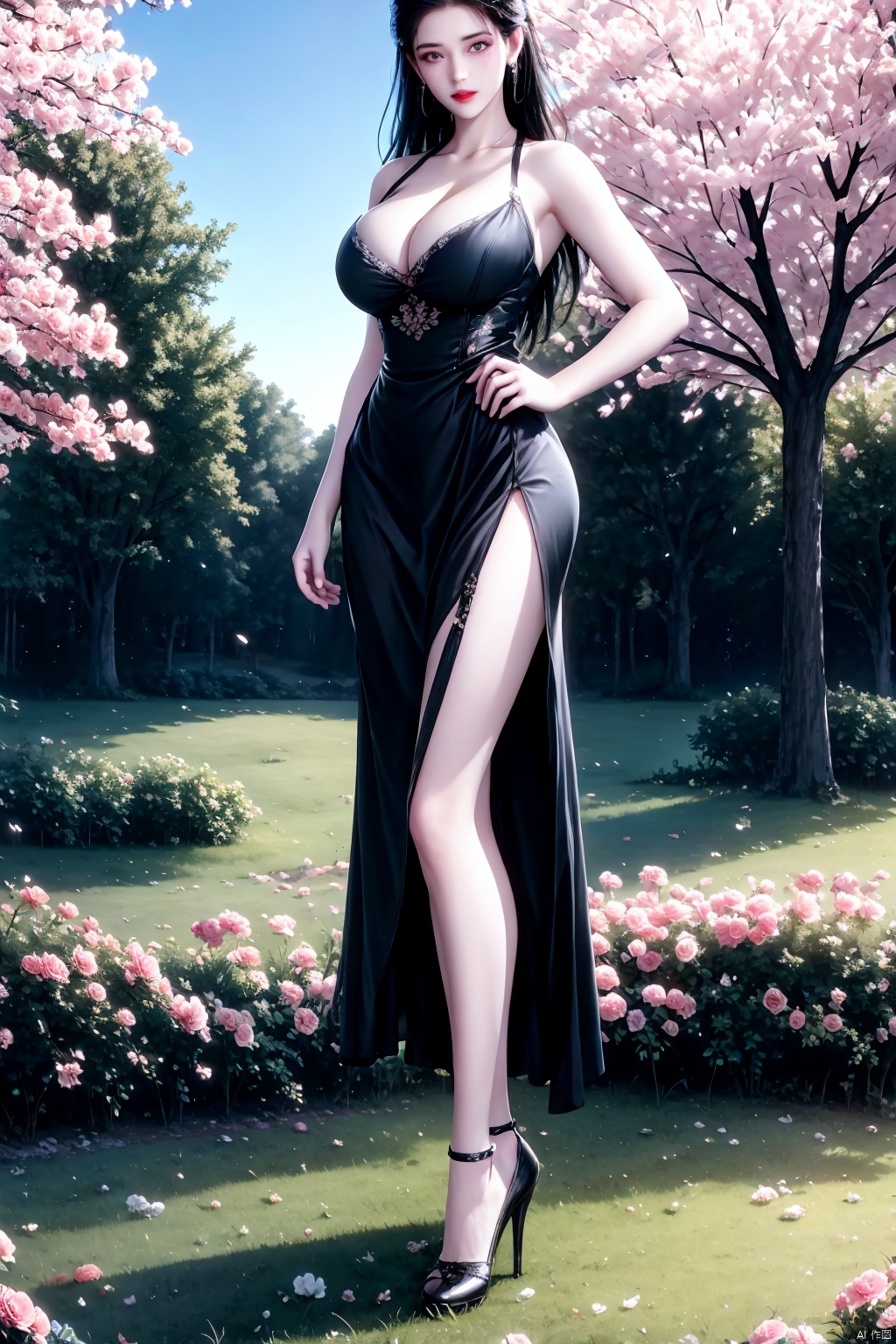 1girl, solo, long hair, breasts, looking at viewer, large breasts, black hair, hair ornament, dress, cleavage, bare shoulders, jewelry, closed mouth, standing, purple eyes, full body, flower, earrings, outdoors, sleeveless, black footwear, black dress, high heels, tree, lips, hand on hip, bare arms, thigh strap, sleeveless dress, rose, cherry blossoms, pink flower, side slit, red lips