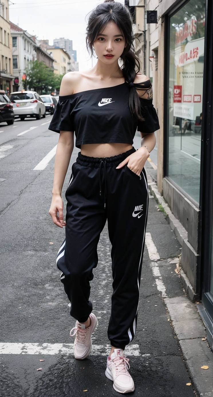 Logical, 14 years old girl,The golden ratio body,asian,White off-the-shoulder T-shirt,medium breasts,tattoo,city,perspective,high ponytail,1girl,xxs, Straighten your legs,Steps,hand remove shirt, Add details,full body photo ,outdoor,tattoos blackwork,moyou,walking, pink sneakers ,Hyperrealism,track pants,Nike,one hand rub head the other touch stomach,