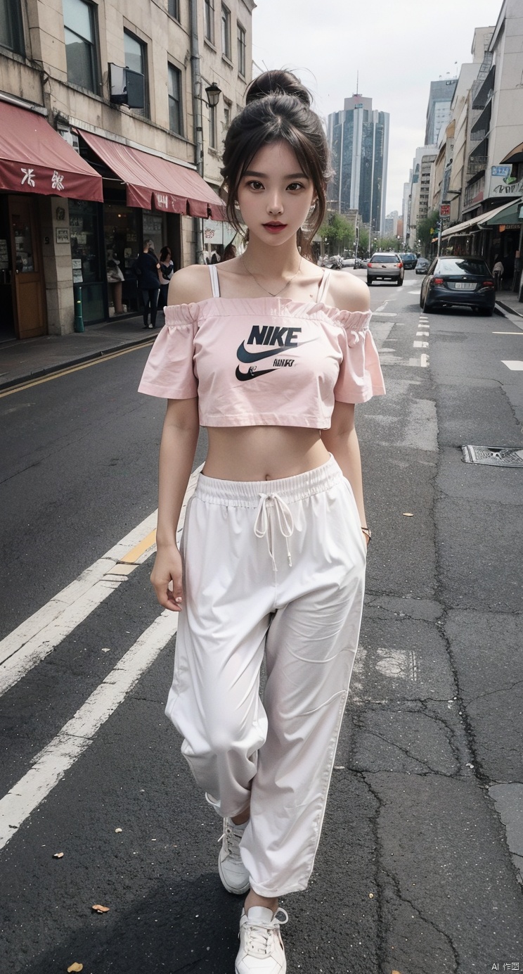 Logical, 14 years old girl,The golden ratio body,asian,White off-the-shoulder T-shirt,medium breasts,tattoo,city,perspective,high ponytail,1girl,xxs, Straighten your legs,Steps,guitar, Add details,full body photo ,outdoor,moyou,walking, pink sneakers ,Hyperrealism,track pants,Nike,one hand rub head the other touch stomach,
