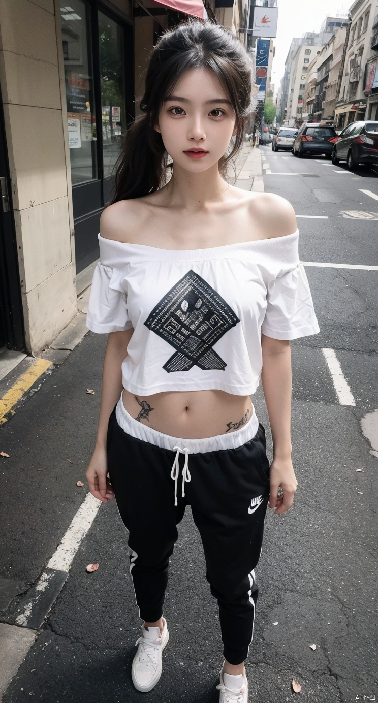 Logical, 14 years old girl,The golden ratio body,asian,White off-the-shoulder T-shirt,medium breasts,tattoo,city,perspective,high ponytail,1girl,xxs, Straighten your legs,Steps,hand remove shirt, Add details,full body photo ,outdoor,tattoos blackwork,moyou,walking, pink sneakers ,Hyperrealism,track pants,Nike,one hand rub head the other touch stomach,