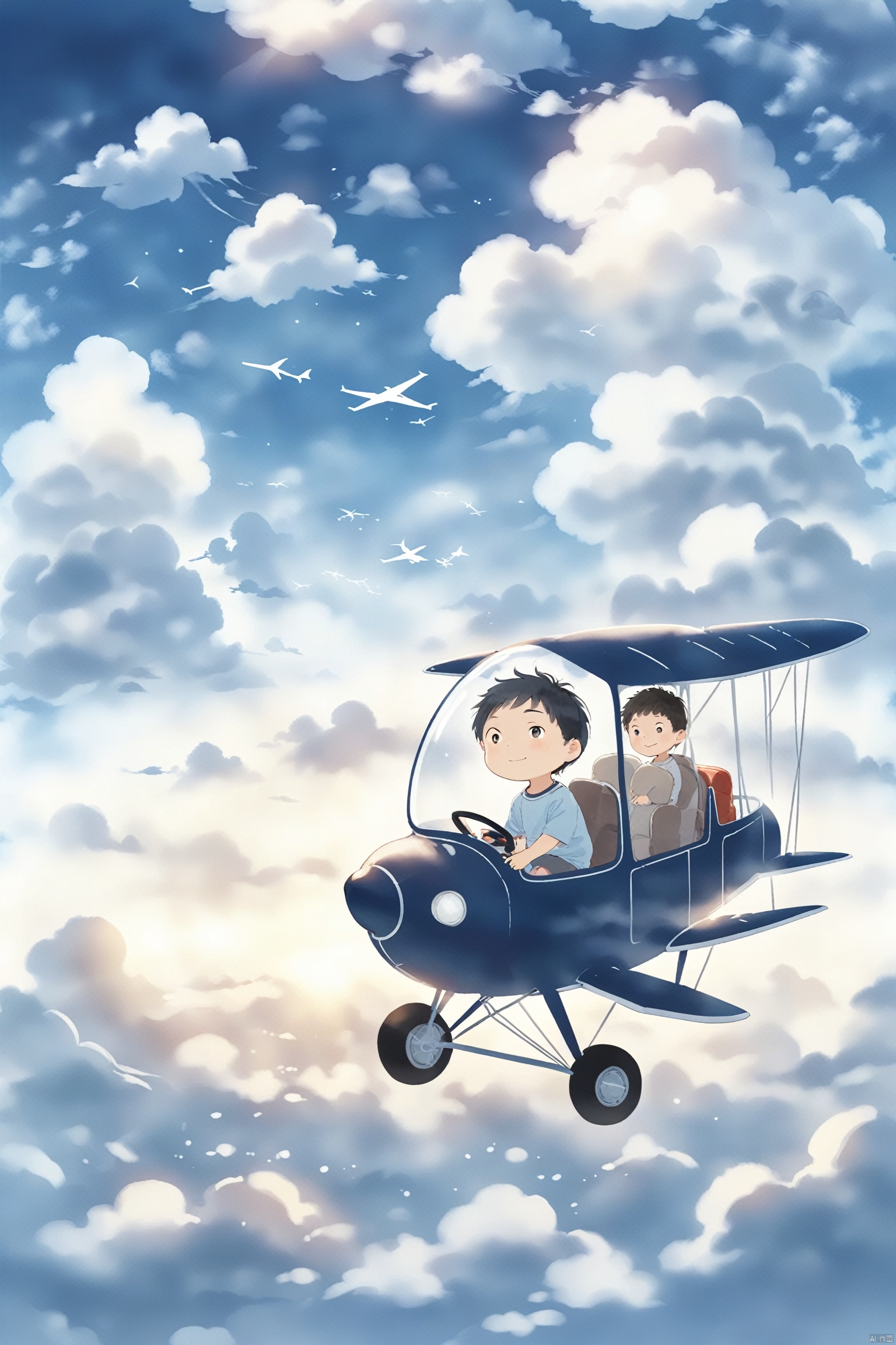 A little boy is sitting on a plane, and the plane is driving in white clouds, Miyazaki Hayao style.