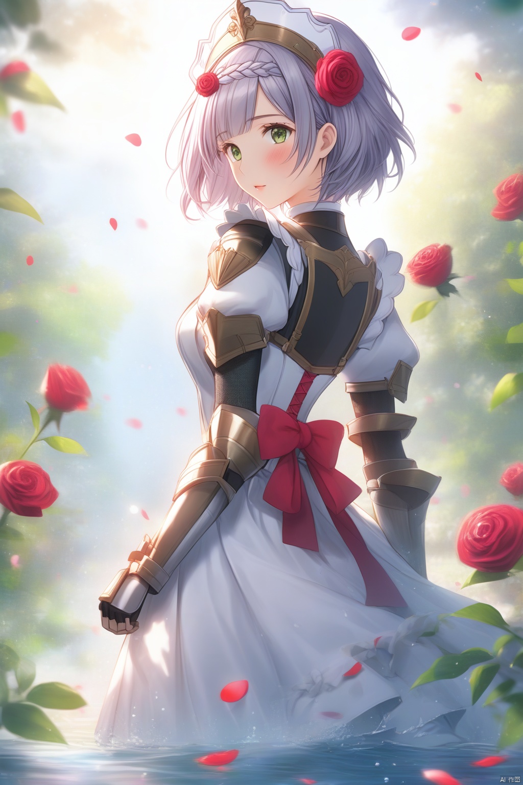  (masterpiece), (best quality), illustration, ultra detailed, hdr, Depth of field, (colorful),[Xnkzzmcz],[iumu],noelle (genshin impact), 1girl, solo, short hair, braid, armor, looking at viewer, green eyes, petals, wading, flower, skirt hold, rose, hair ornament, grey hair, maid headdress, looking back, water, shoulder armor, red rose, red flower, dress, maid, bangs, from behind, armored dress, gauntlets, hair flower, blush, standing, Illustration