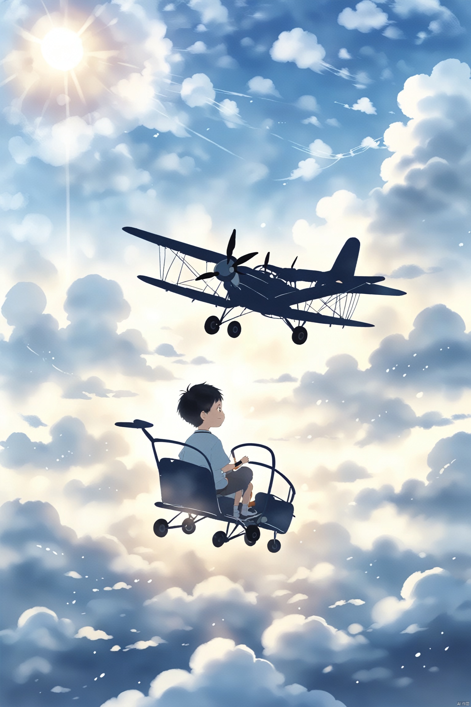 A little boy is sitting on a plane, and the plane is driving in white clouds, Miyazaki Hayao style.